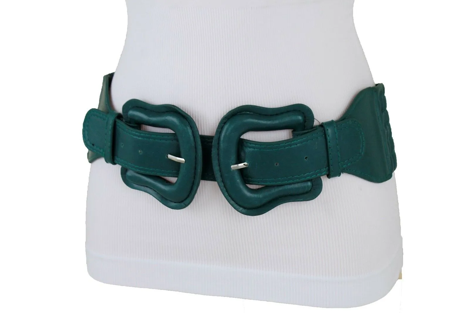 Faux Leather Double Buckle Elastic Waist Belt M L