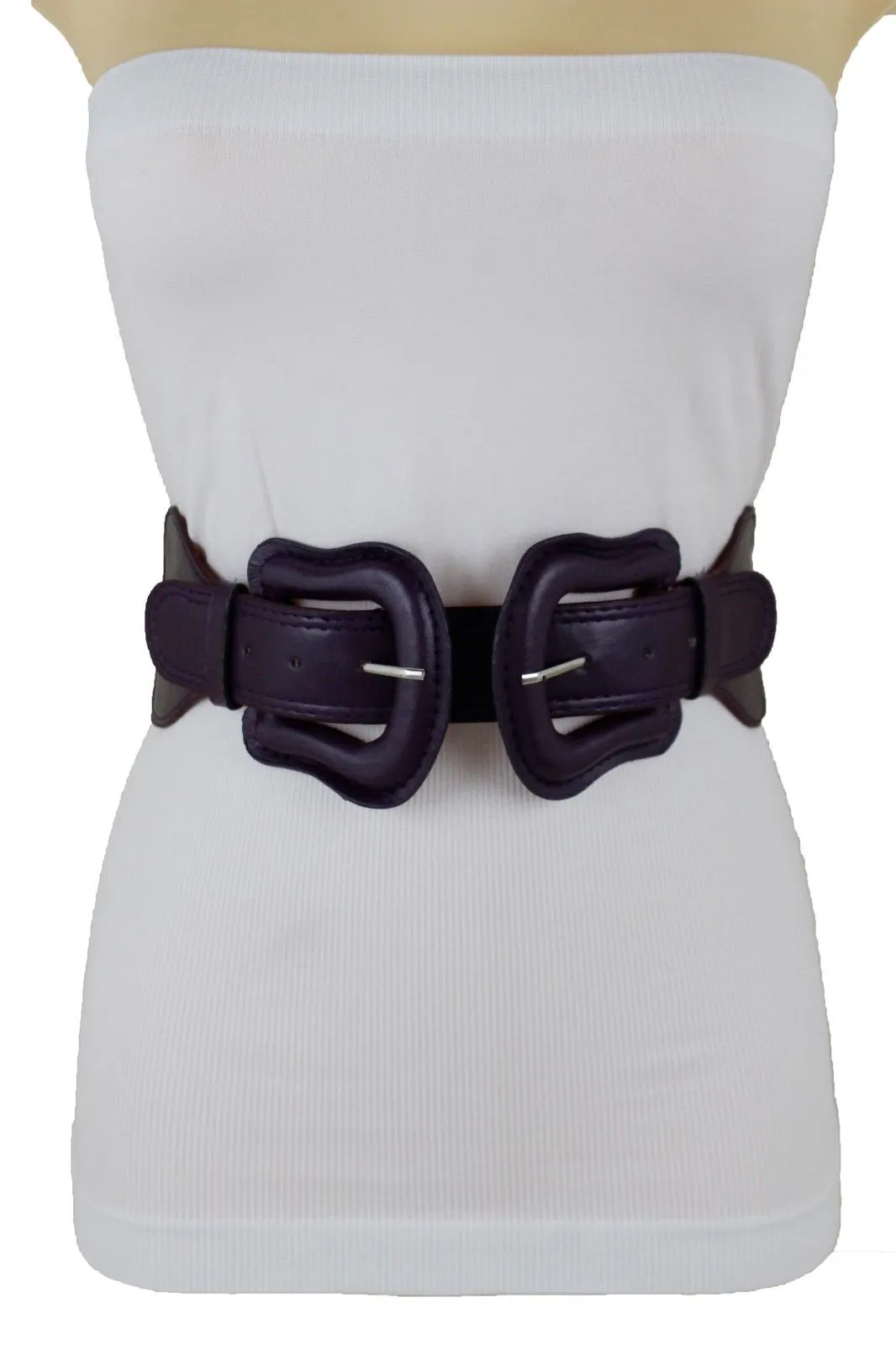 Faux Leather Double Buckle Elastic Waist Belt M L