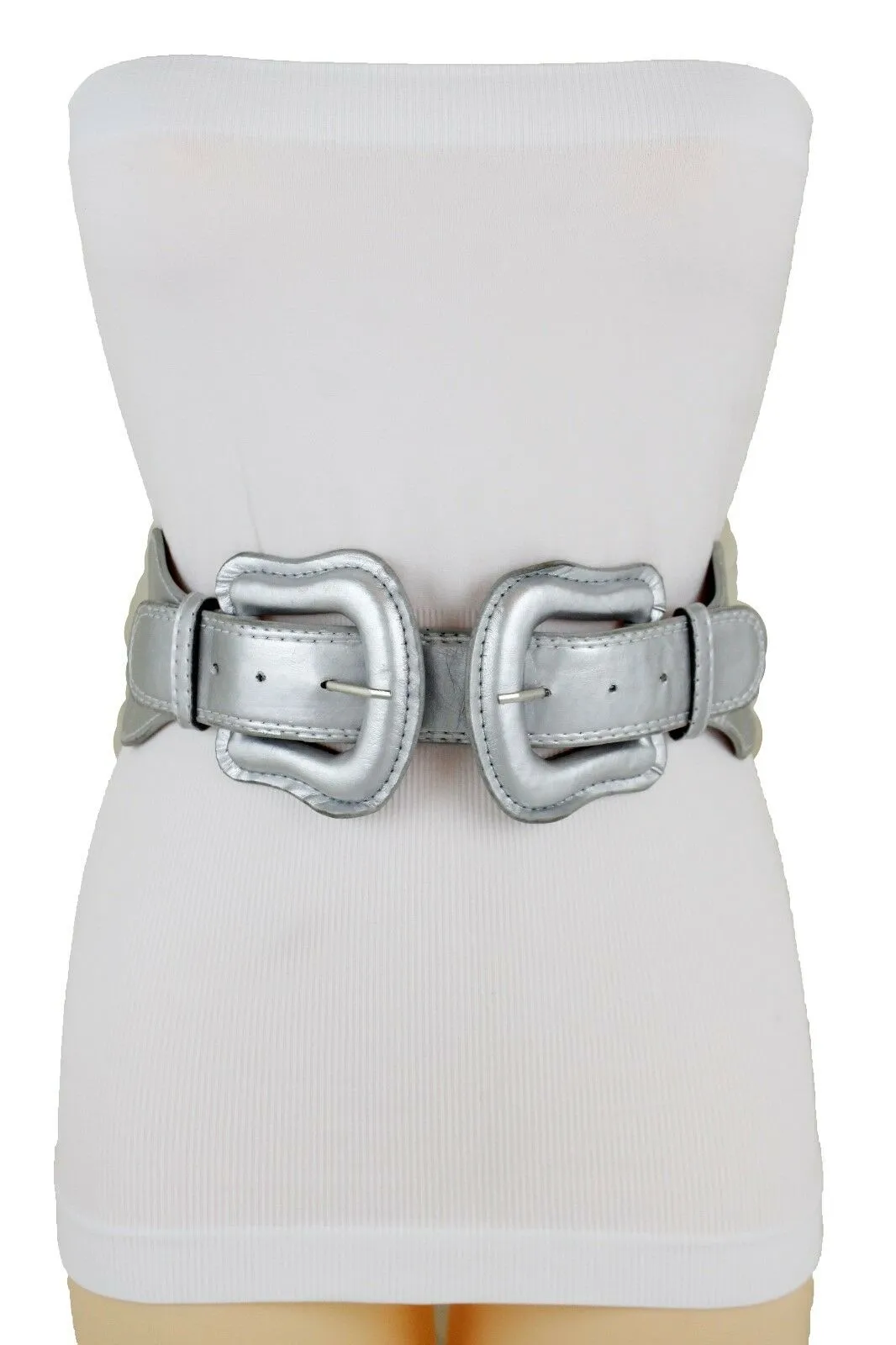 Faux Leather Double Buckle Elastic Waist Belt M L