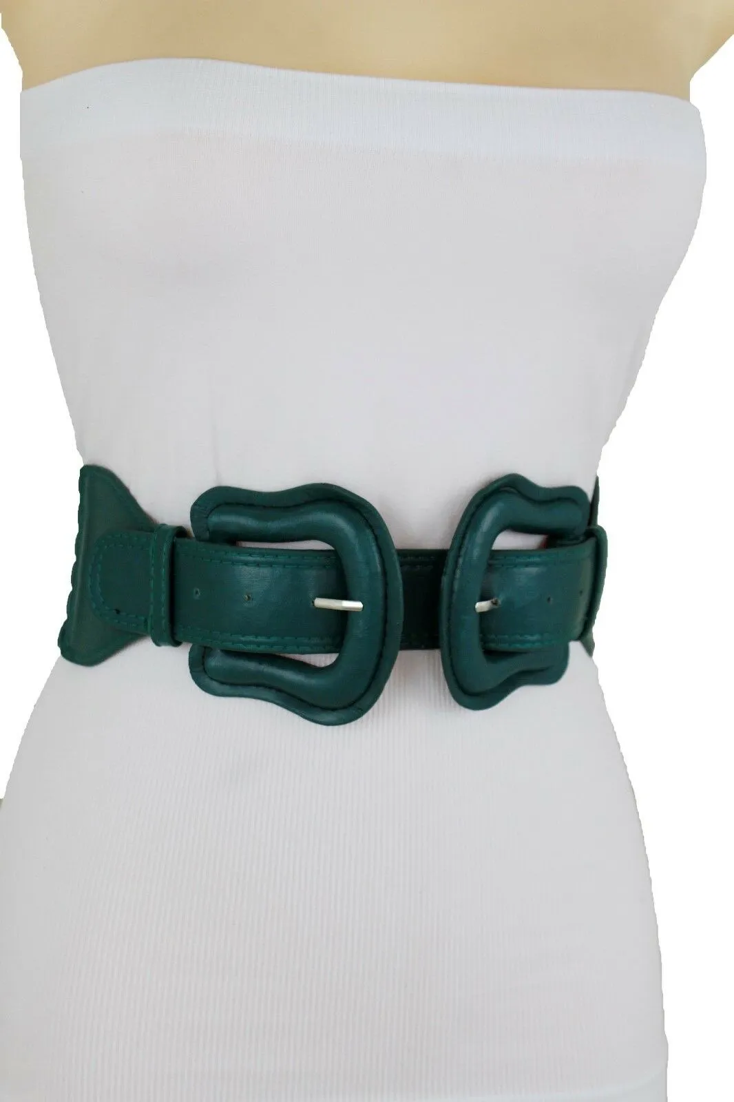Faux Leather Double Buckle Elastic Waist Belt M L