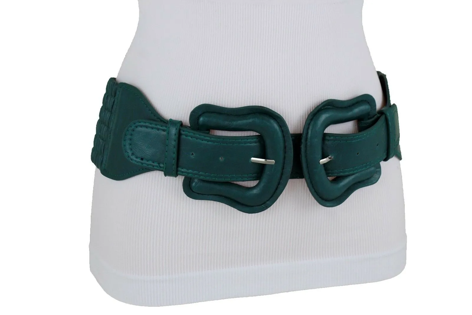 Faux Leather Double Buckle Elastic Waist Belt M L