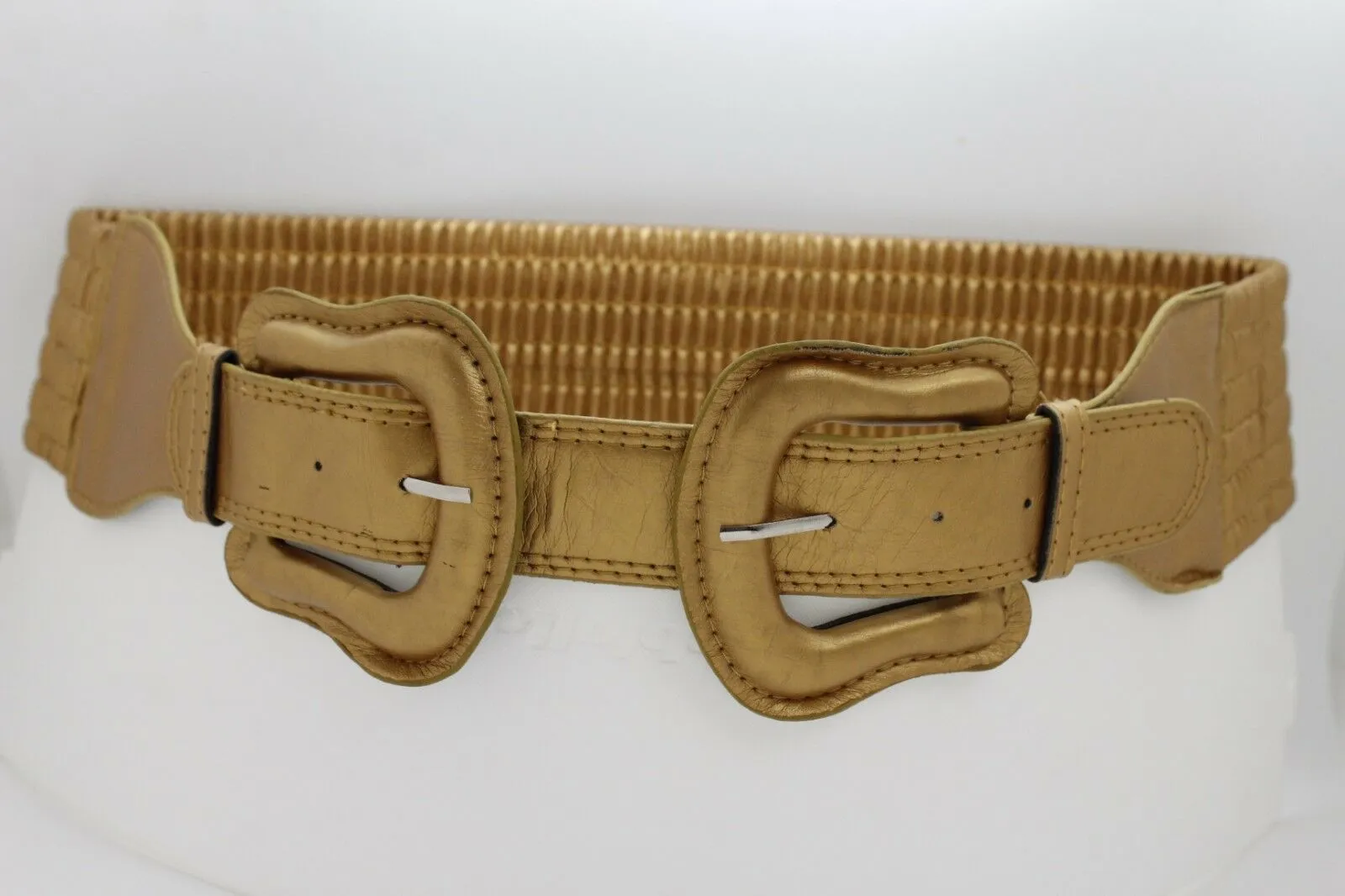 Faux Leather Double Buckle Elastic Waist Belt M L