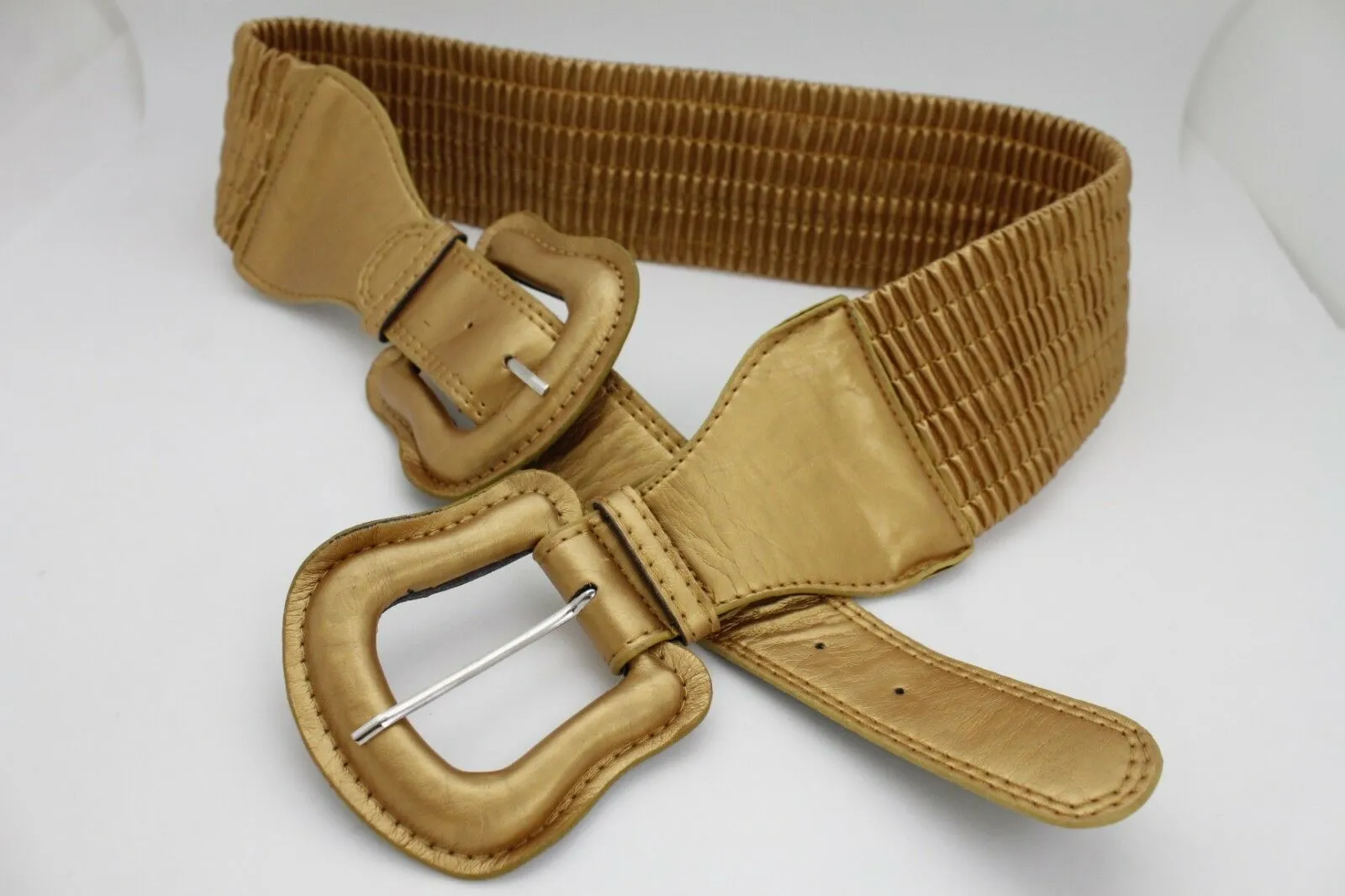 Faux Leather Double Buckle Elastic Waist Belt M L