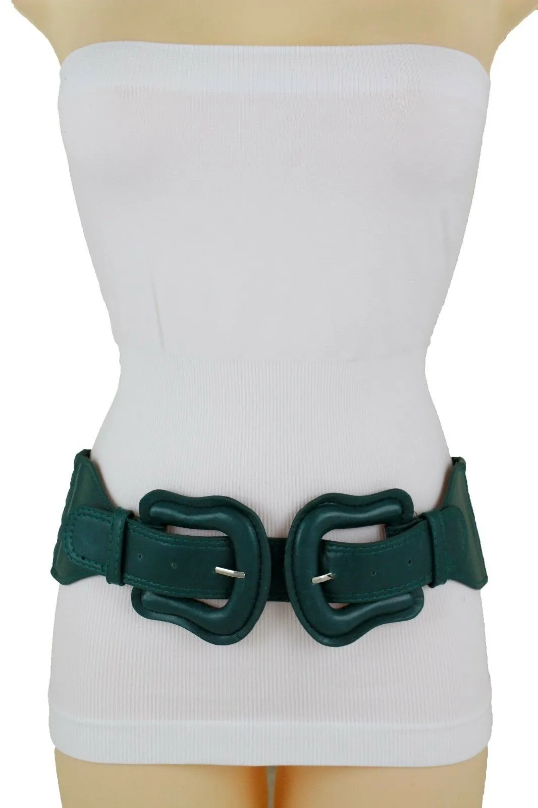 Faux Leather Double Buckle Elastic Waist Belt M L