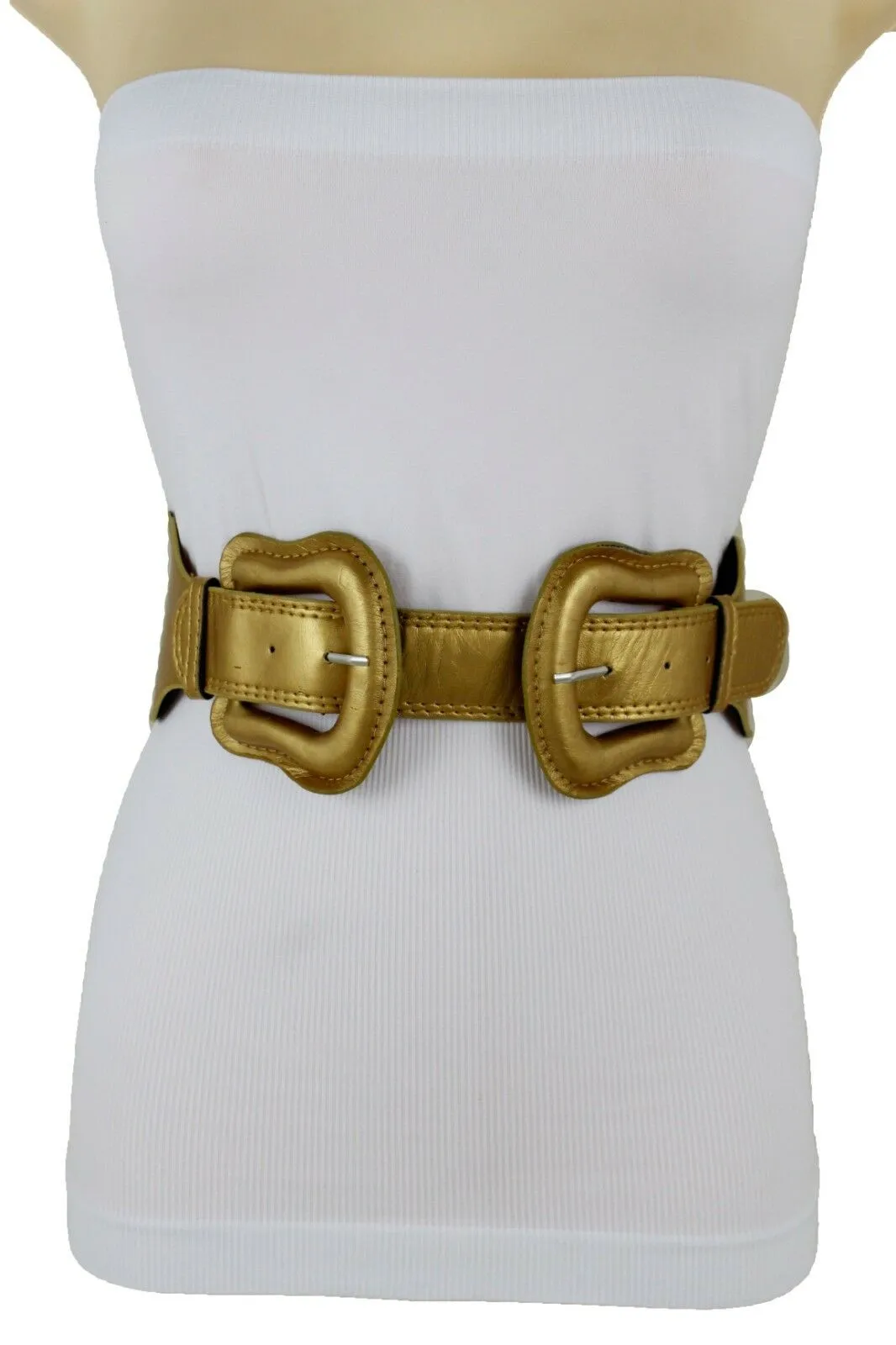 Faux Leather Double Buckle Elastic Waist Belt M L