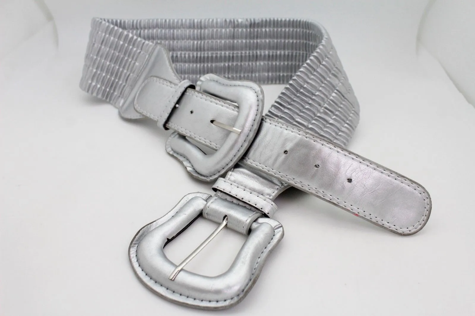 Faux Leather Double Buckle Elastic Waist Belt M L