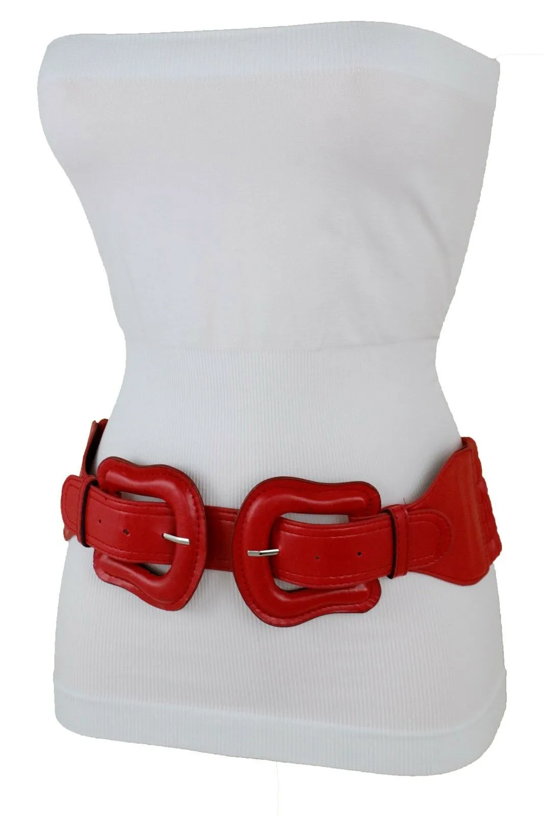 Faux Leather Double Buckle Elastic Waist Belt M L