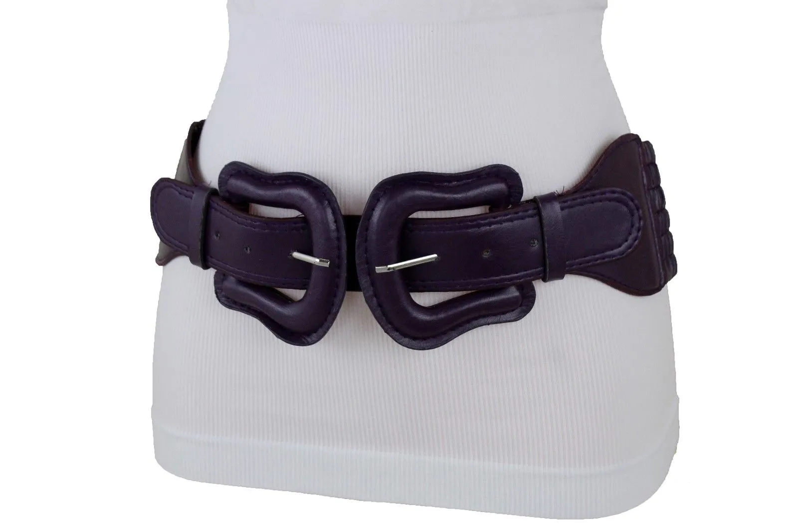 Faux Leather Double Buckle Elastic Waist Belt M L