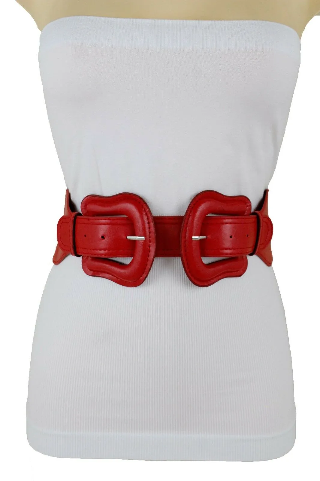 Faux Leather Double Buckle Elastic Waist Belt M L