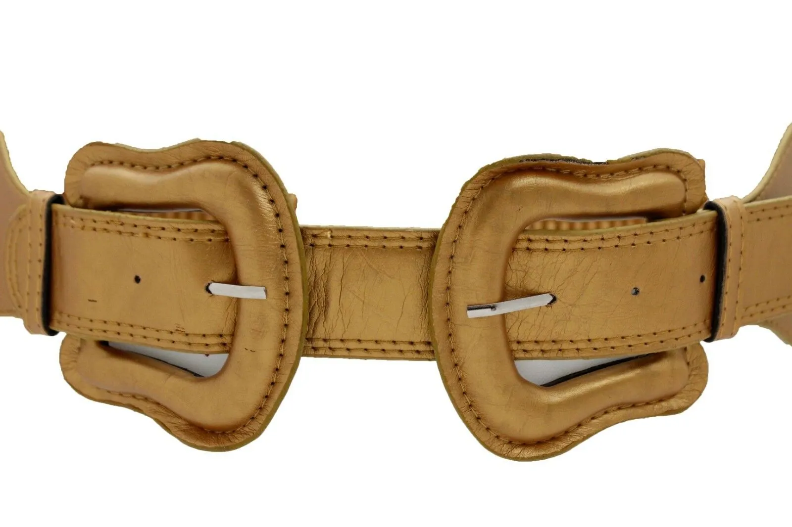 Faux Leather Double Buckle Elastic Waist Belt M L
