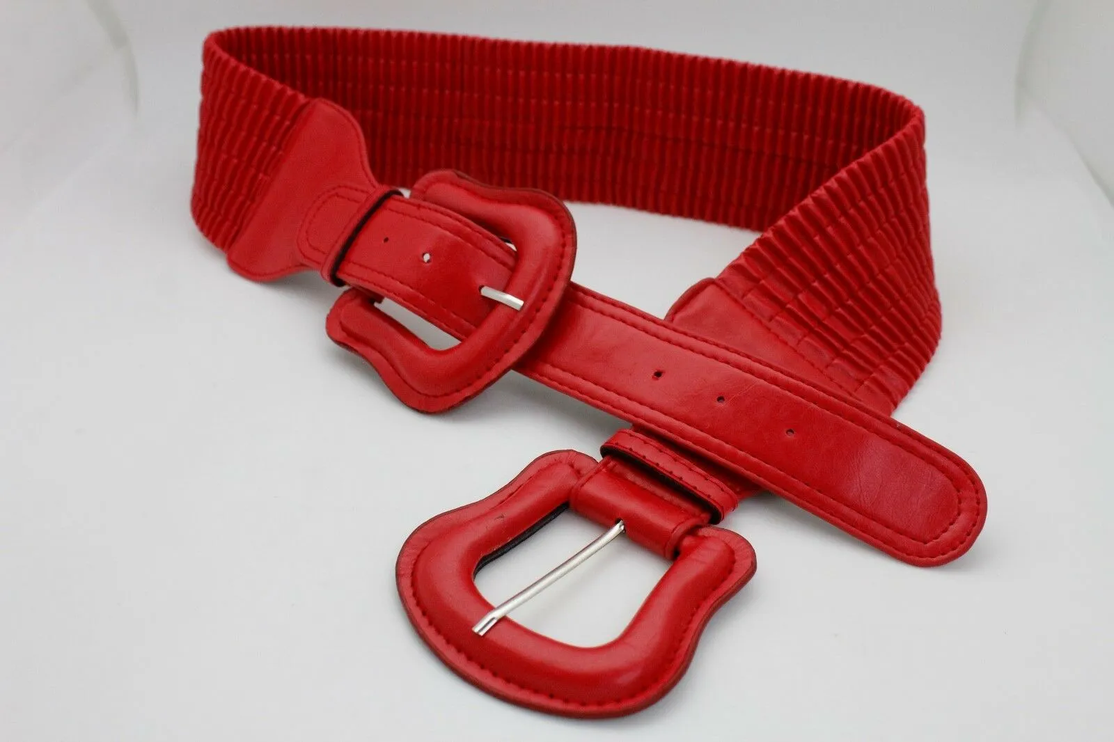 Faux Leather Double Buckle Elastic Waist Belt M L