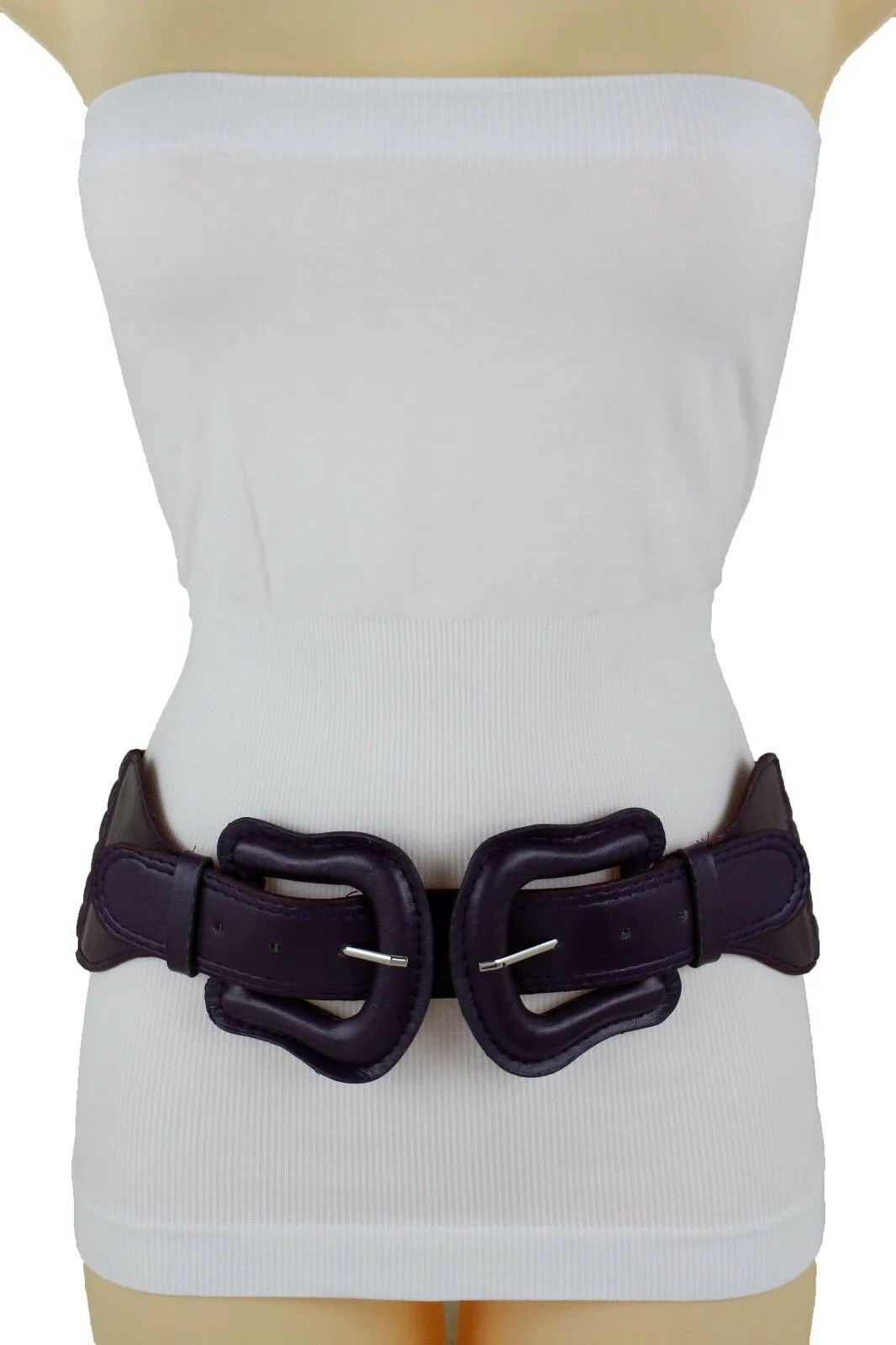 Faux Leather Double Buckle Elastic Waist Belt M L