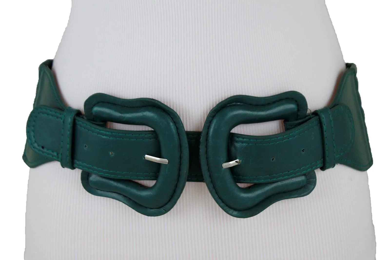 Faux Leather Double Buckle Elastic Waist Belt M L