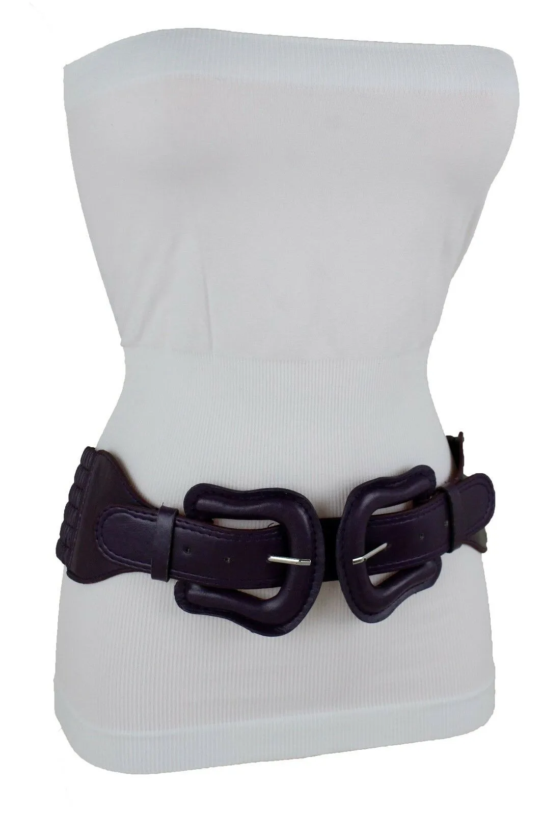 Faux Leather Double Buckle Elastic Waist Belt M L