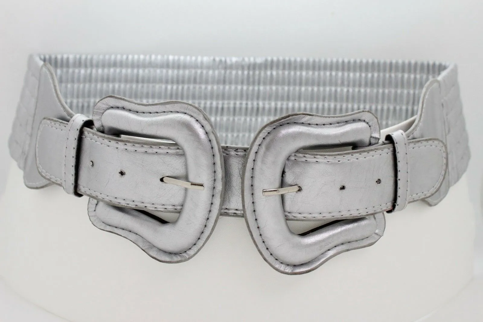 Faux Leather Double Buckle Elastic Waist Belt M L