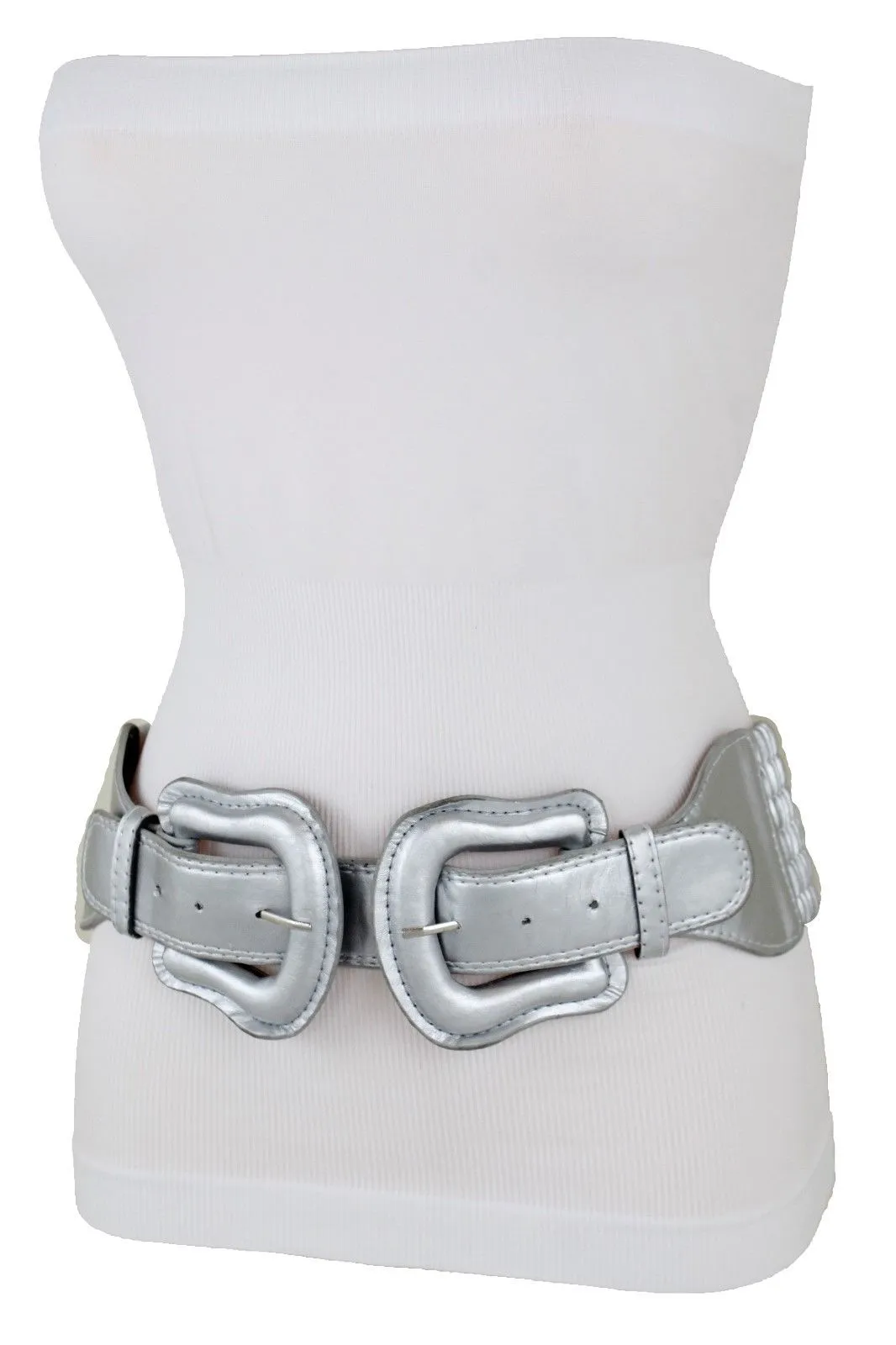 Faux Leather Double Buckle Elastic Waist Belt M L