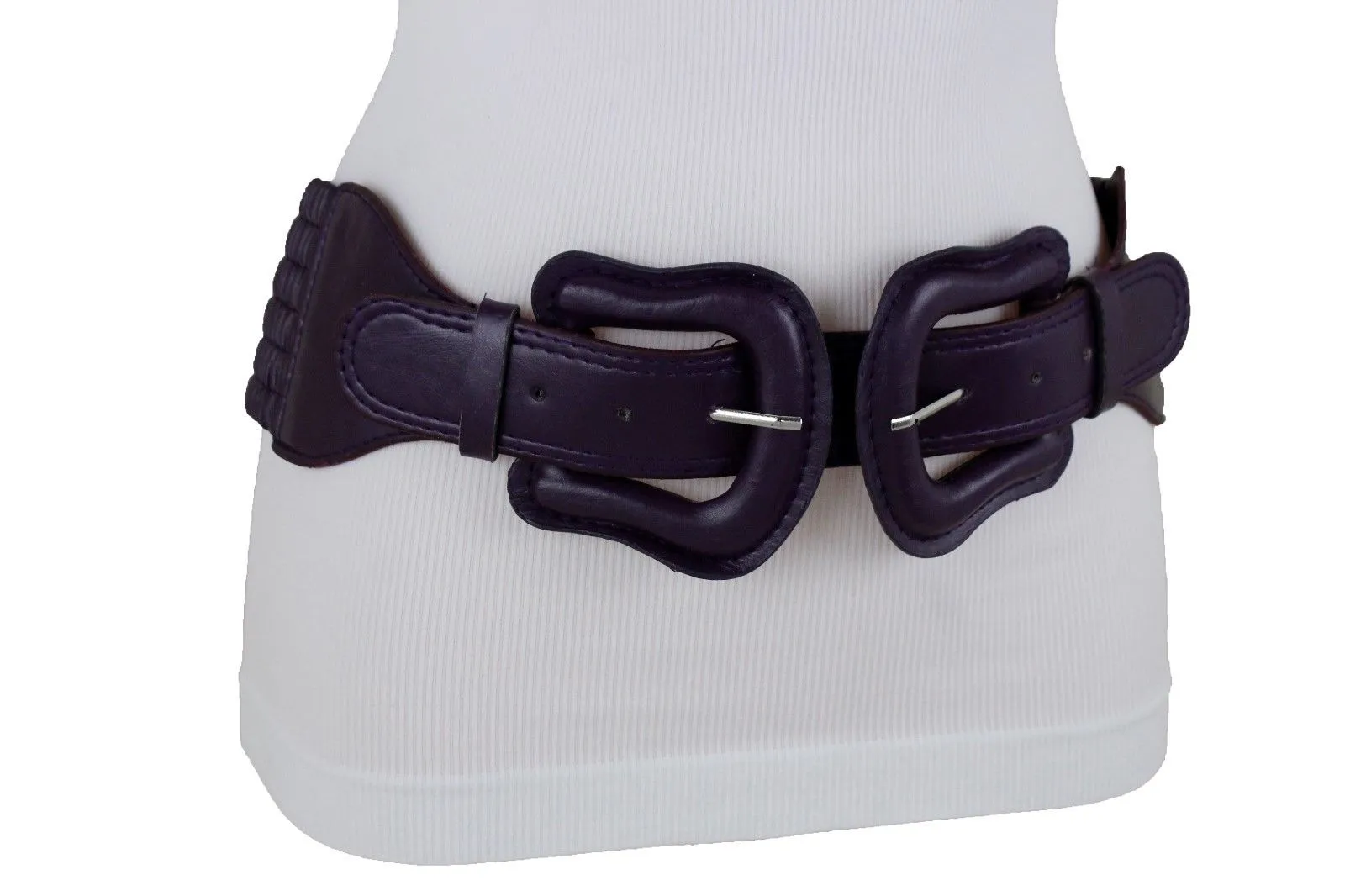 Faux Leather Double Buckle Elastic Waist Belt M L