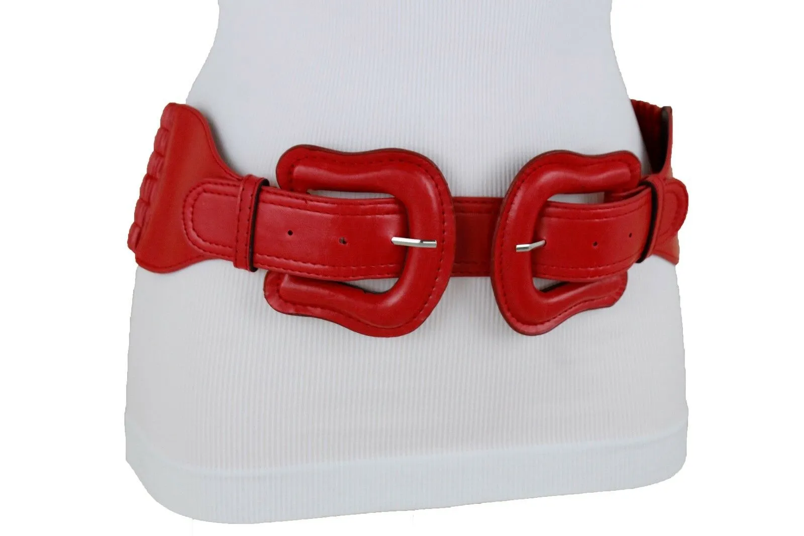 Faux Leather Double Buckle Elastic Waist Belt M L