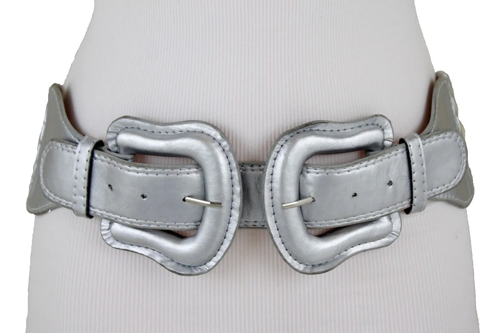 Faux Leather Double Buckle Elastic Waist Belt M L