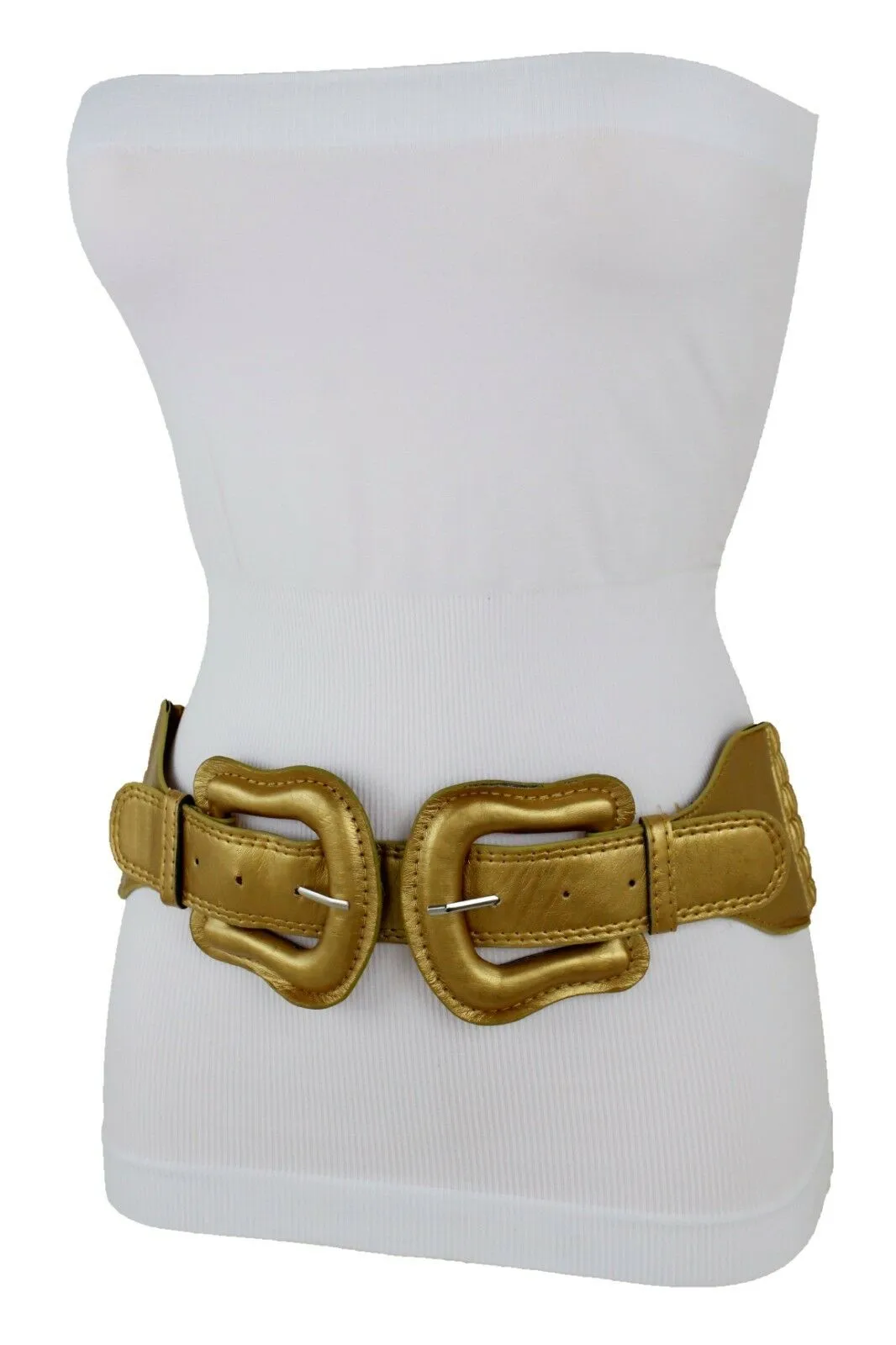 Faux Leather Double Buckle Elastic Waist Belt M L