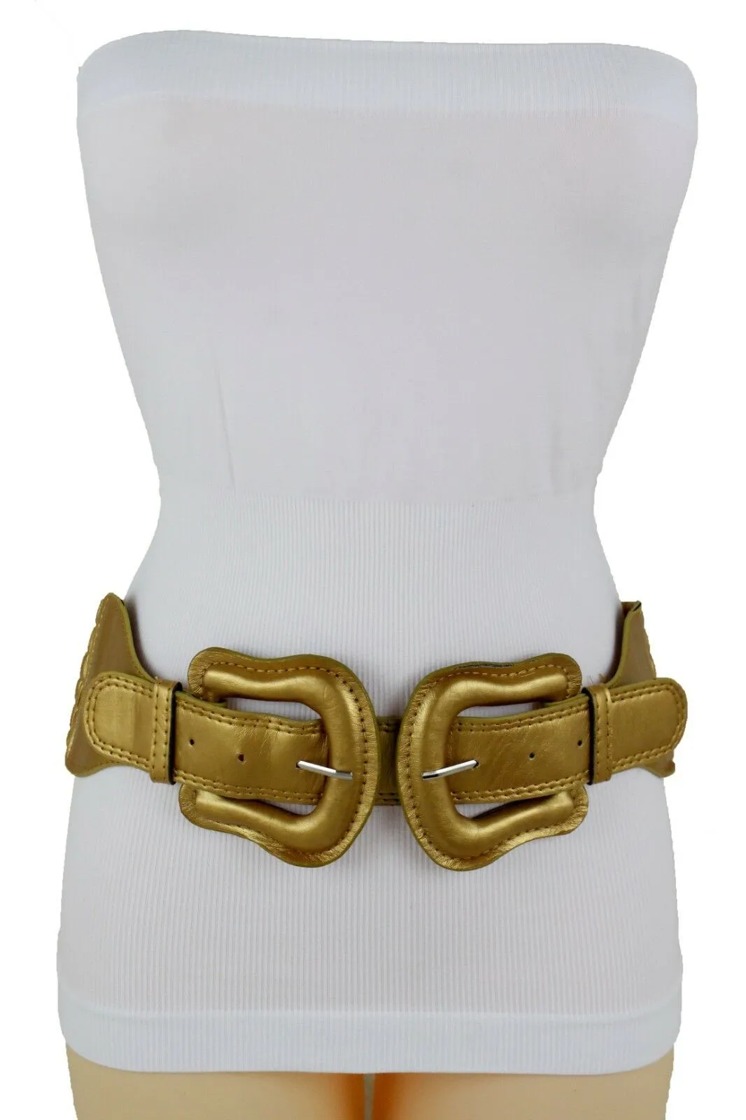 Faux Leather Double Buckle Elastic Waist Belt M L