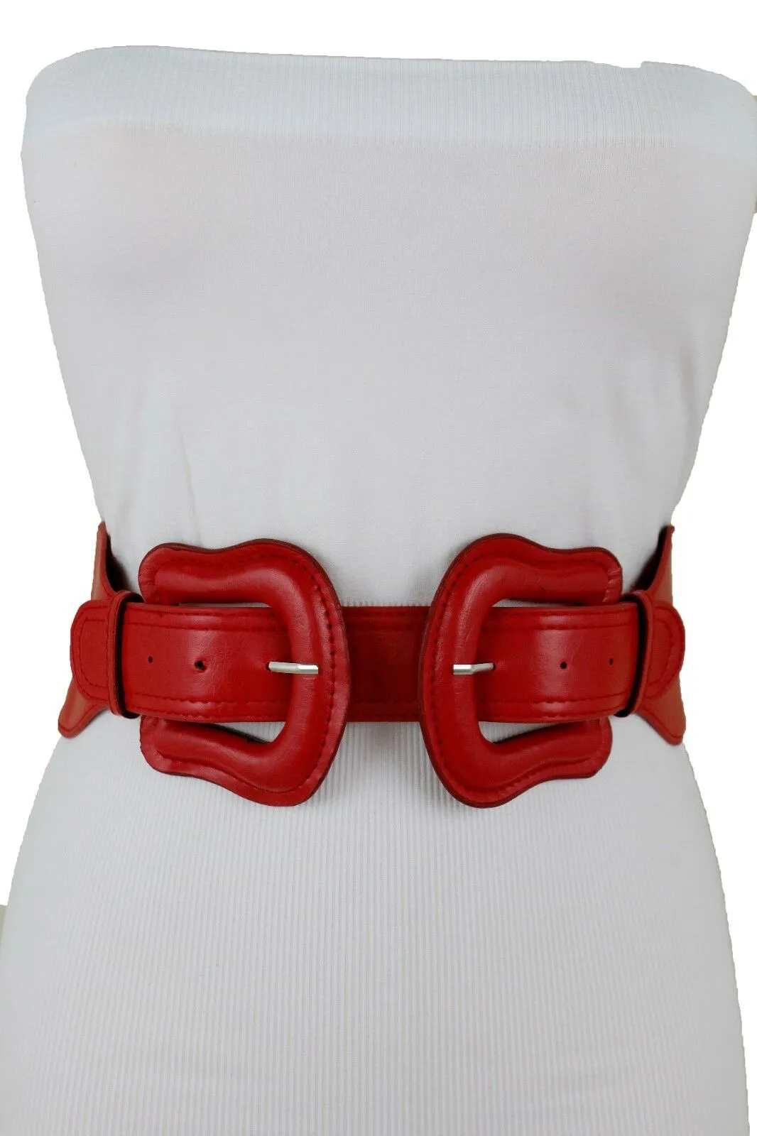 Faux Leather Double Buckle Elastic Waist Belt M L