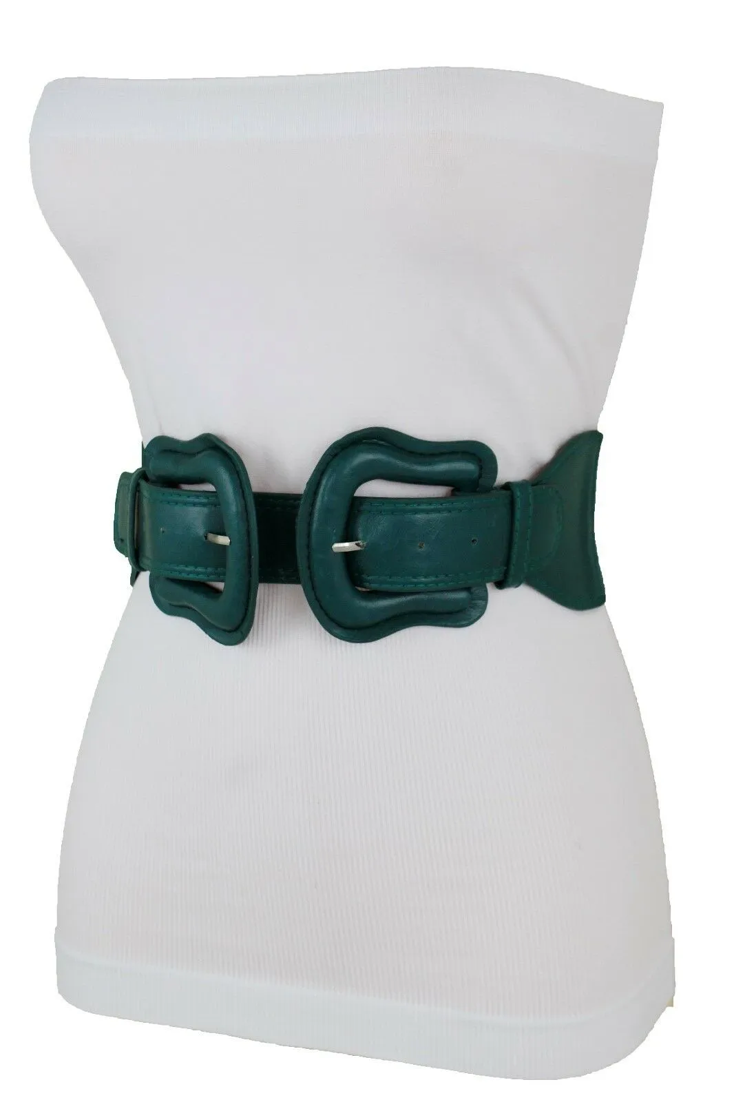 Faux Leather Double Buckle Elastic Waist Belt M L