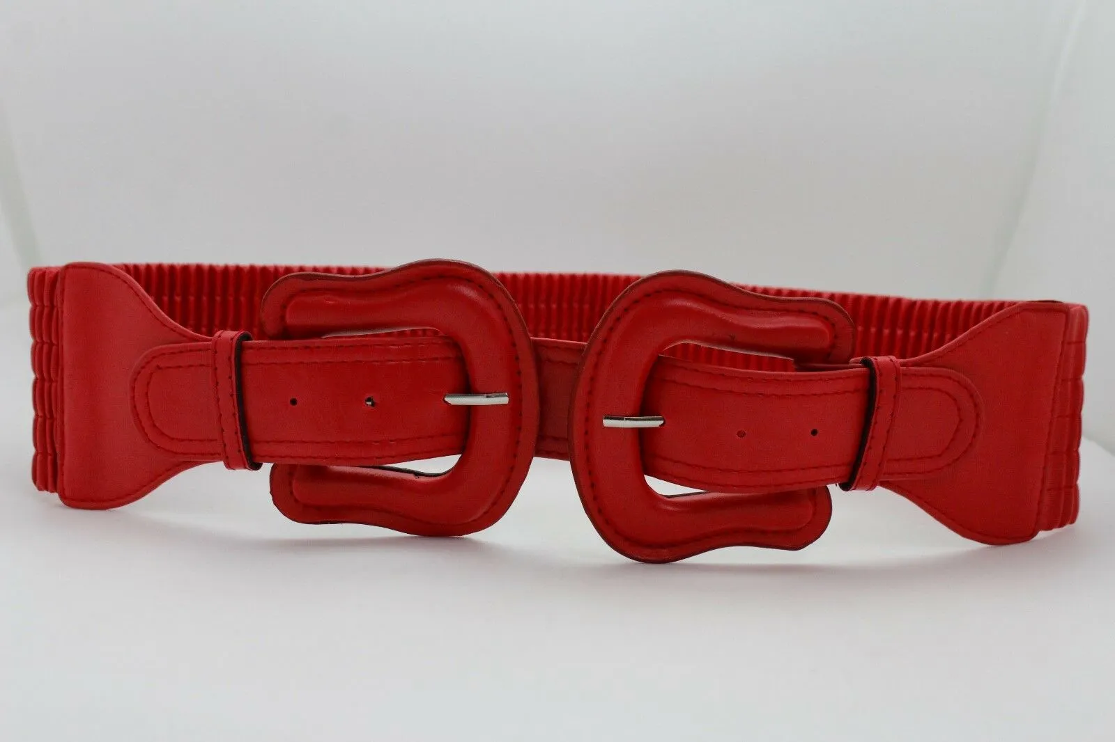 Faux Leather Double Buckle Elastic Waist Belt M L
