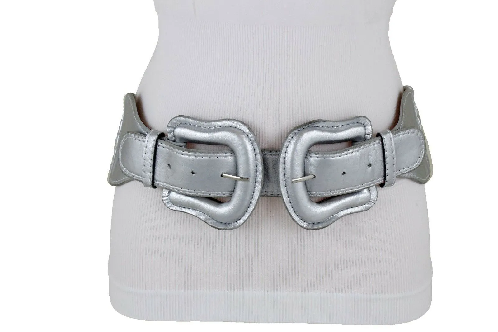 Faux Leather Double Buckle Elastic Waist Belt M L