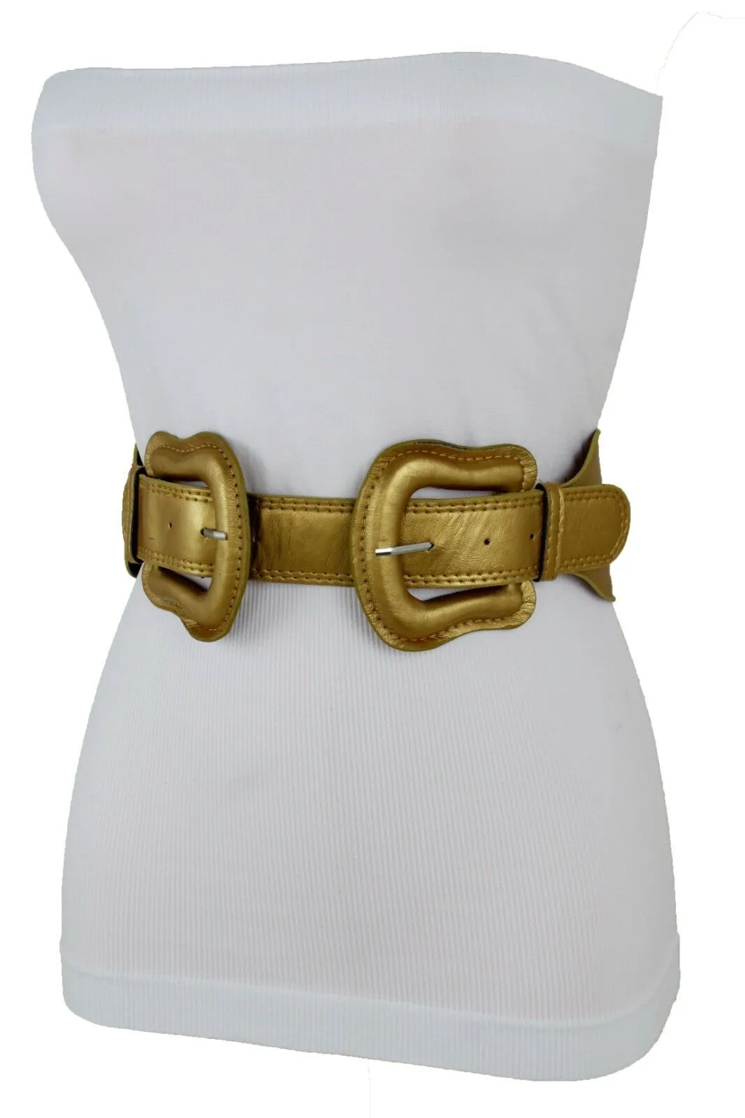 Faux Leather Double Buckle Elastic Waist Belt M L