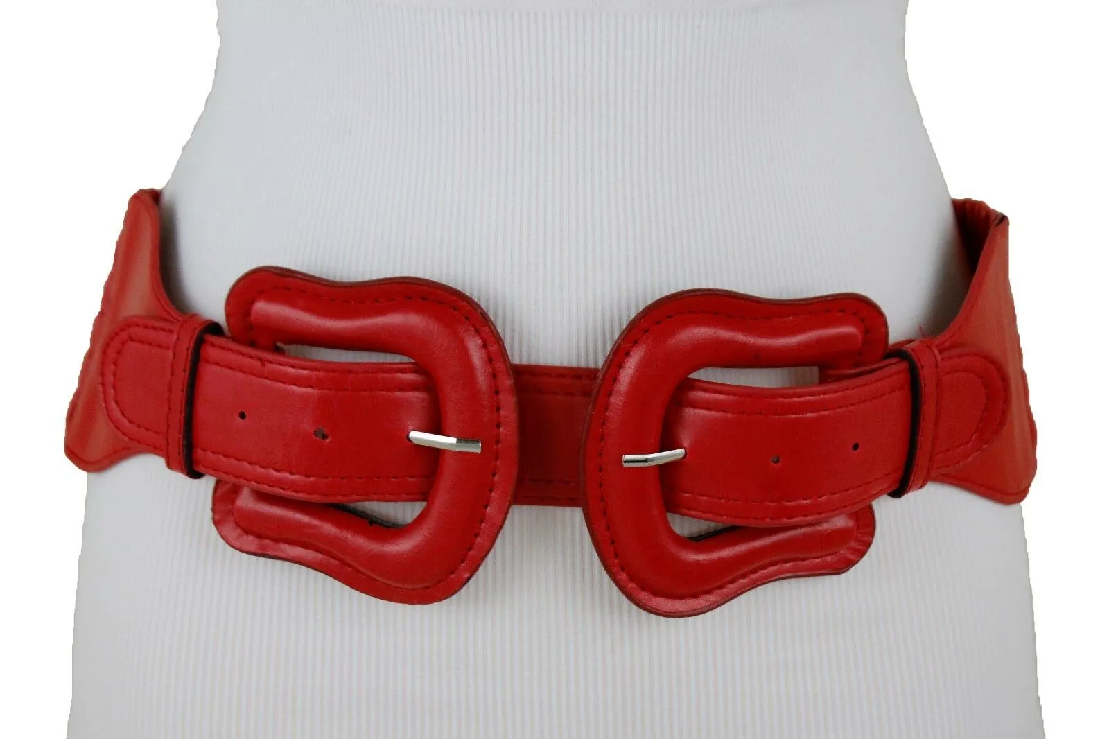 Faux Leather Double Buckle Elastic Waist Belt M L
