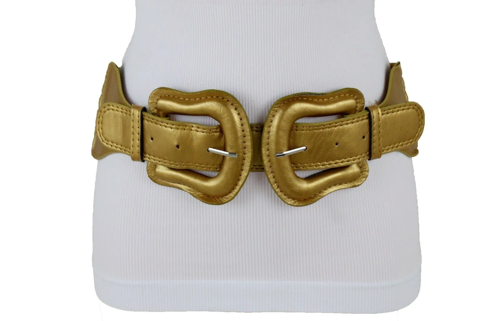 Faux Leather Double Buckle Elastic Waist Belt M L