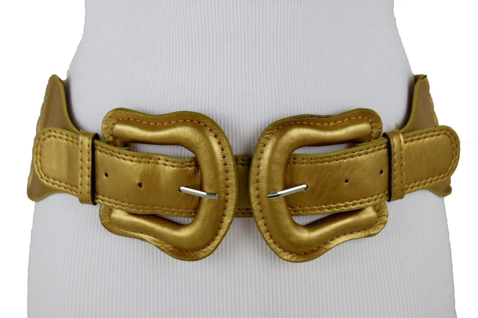 Faux Leather Double Buckle Elastic Waist Belt M L