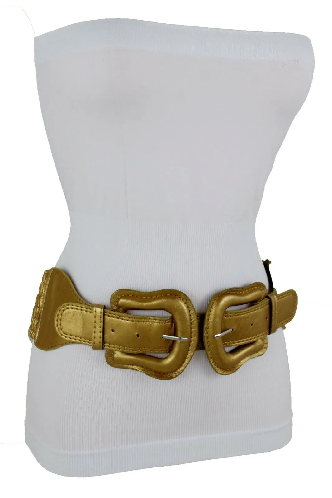 Faux Leather Double Buckle Elastic Waist Belt M L