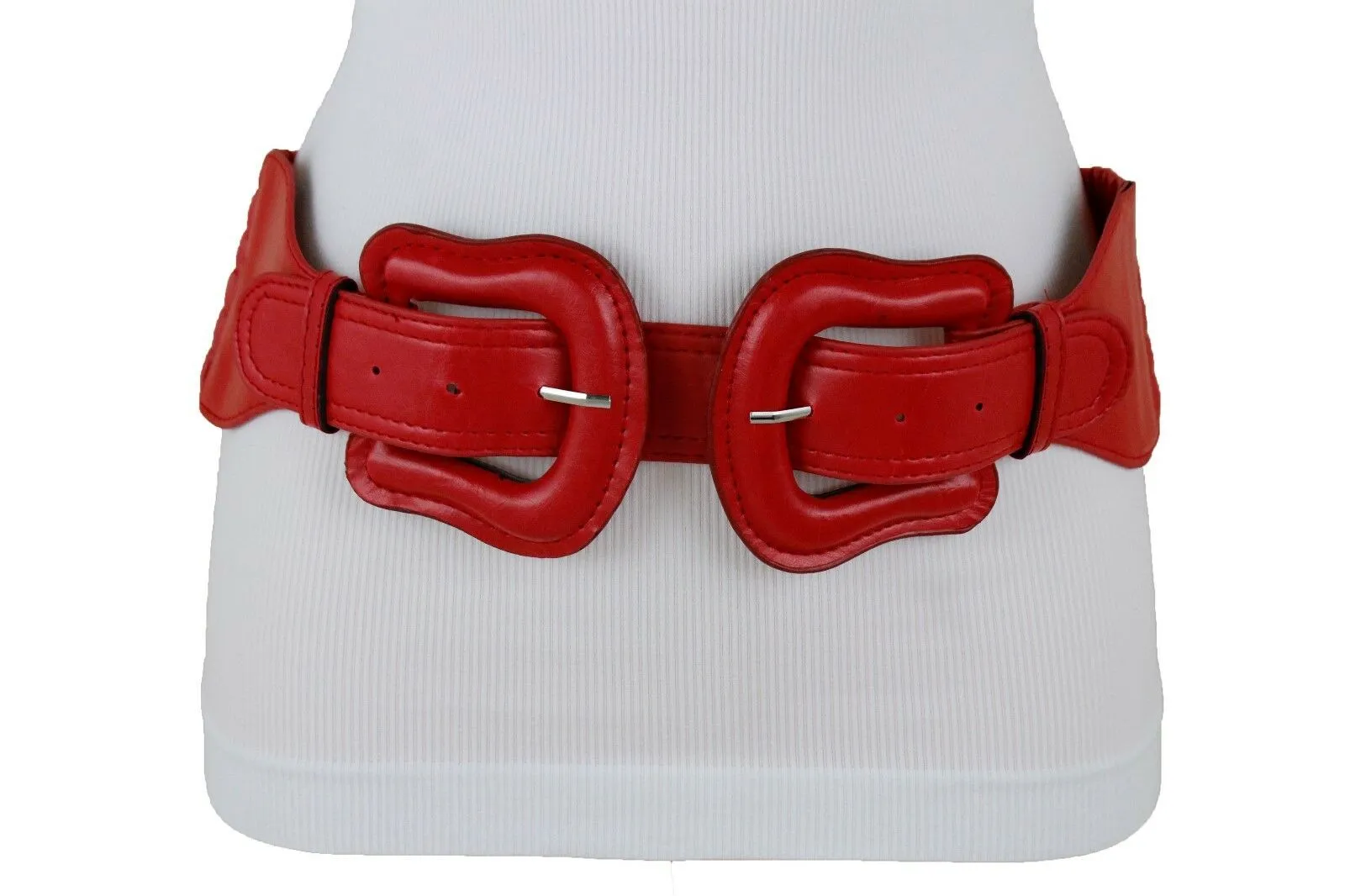 Faux Leather Double Buckle Elastic Waist Belt M L