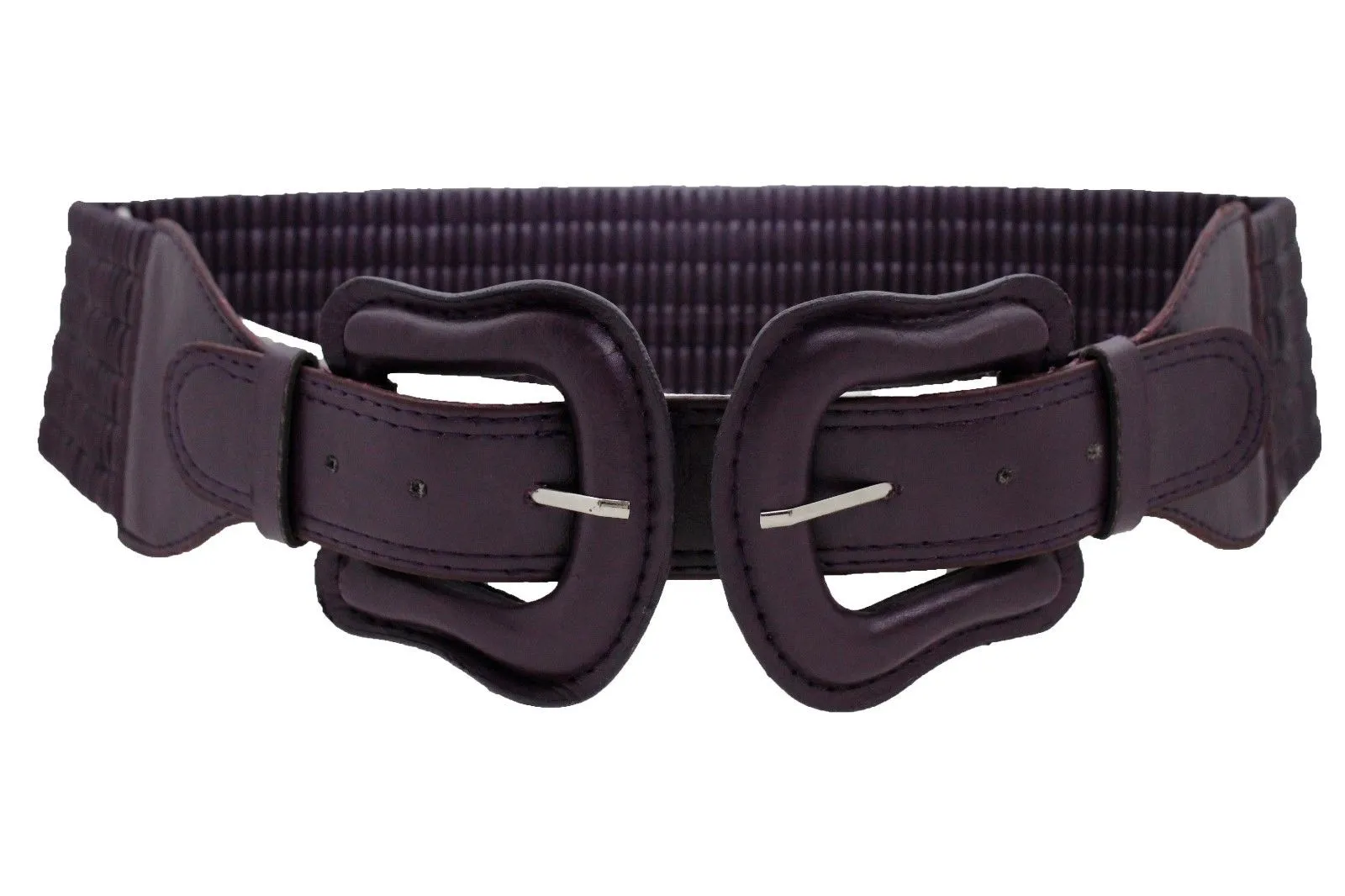 Faux Leather Double Buckle Elastic Waist Belt M L