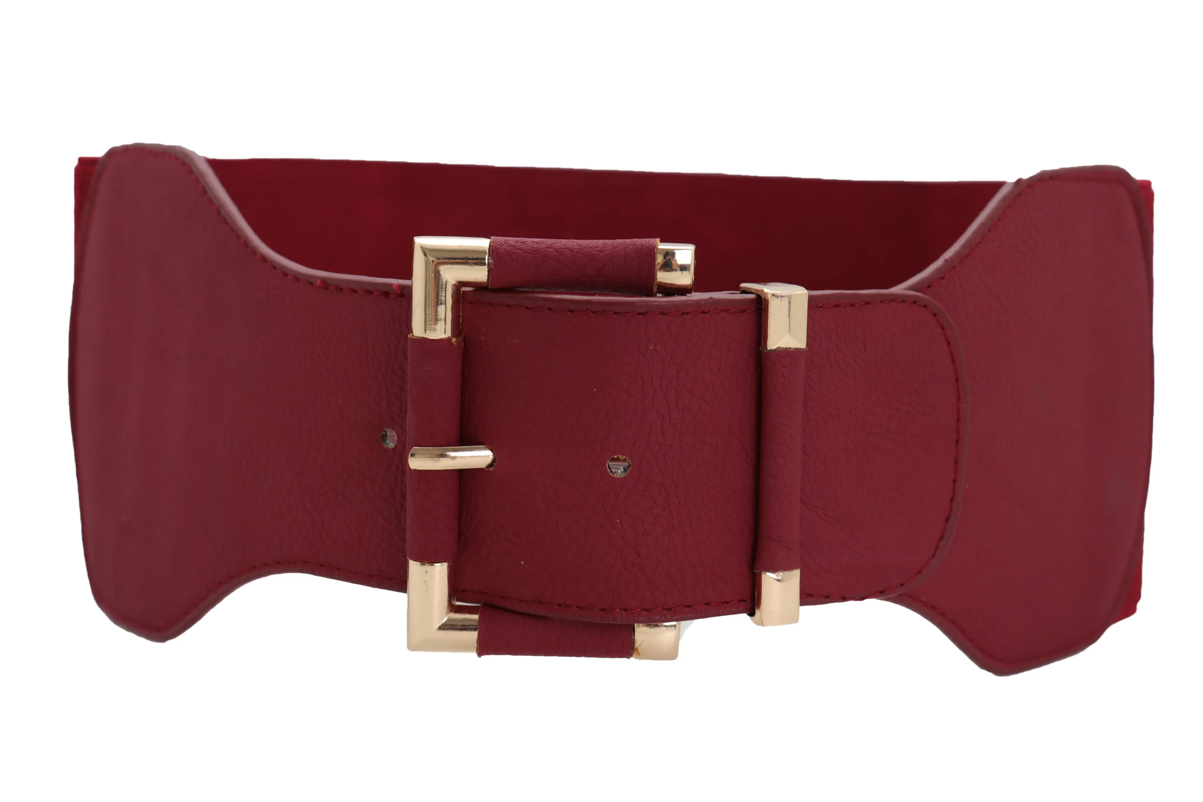 Faux Leather Elastic Waist Gold Square Buckle Belt Size S M