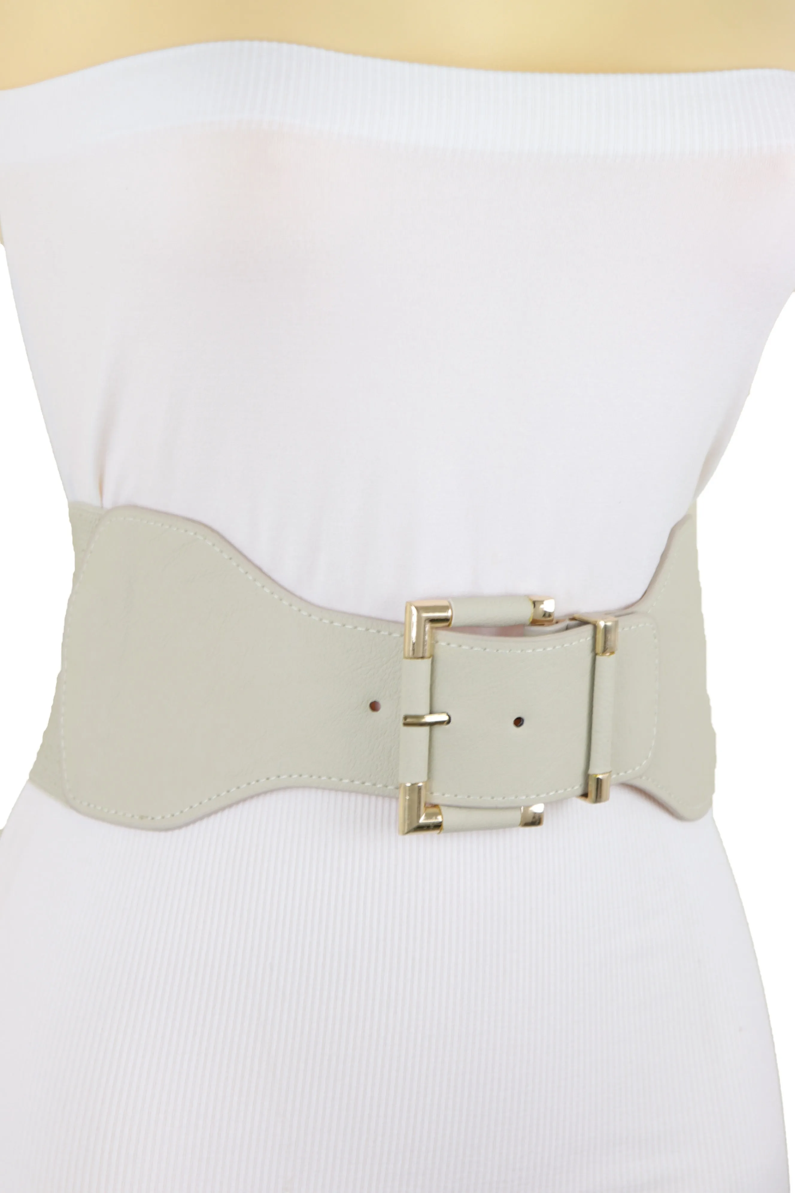 Faux Leather Elastic Waist Gold Square Buckle Belt Size S M