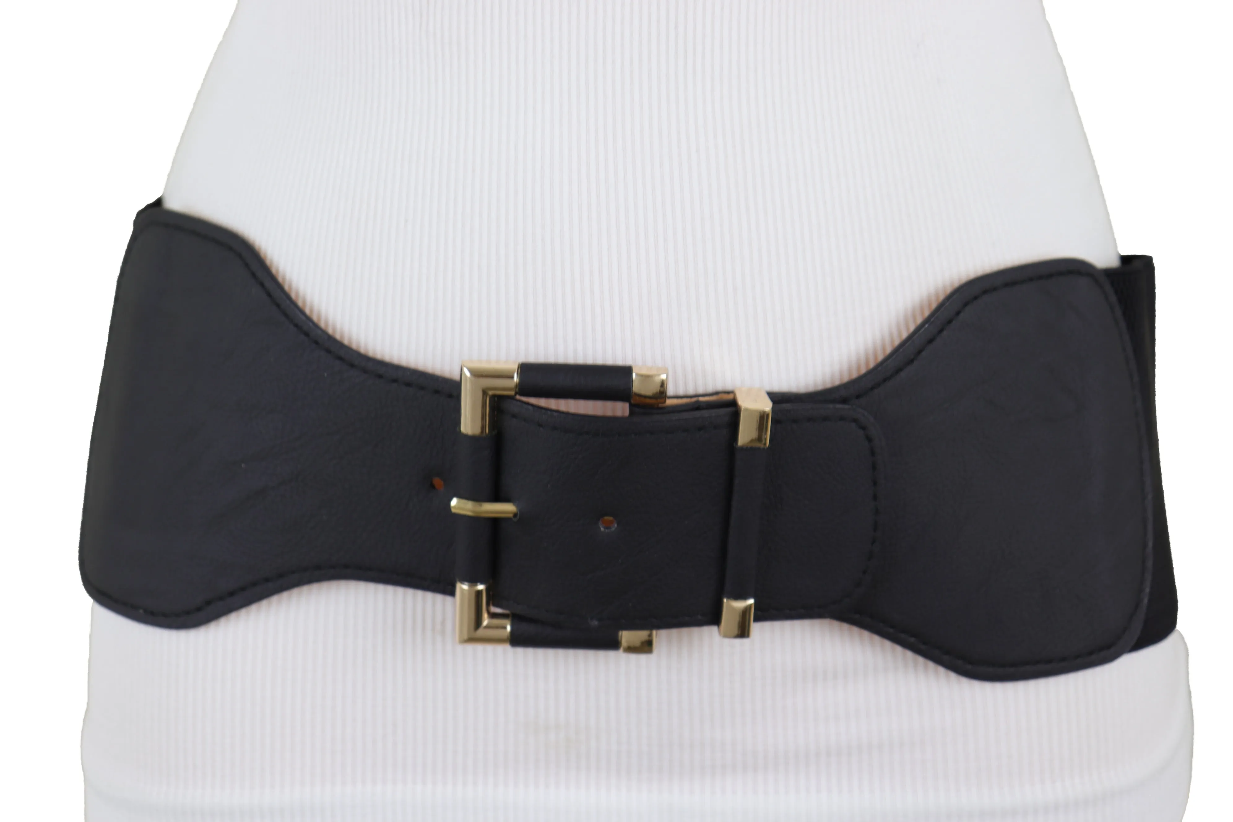 Faux Leather Elastic Waist Gold Square Buckle Belt Size S M