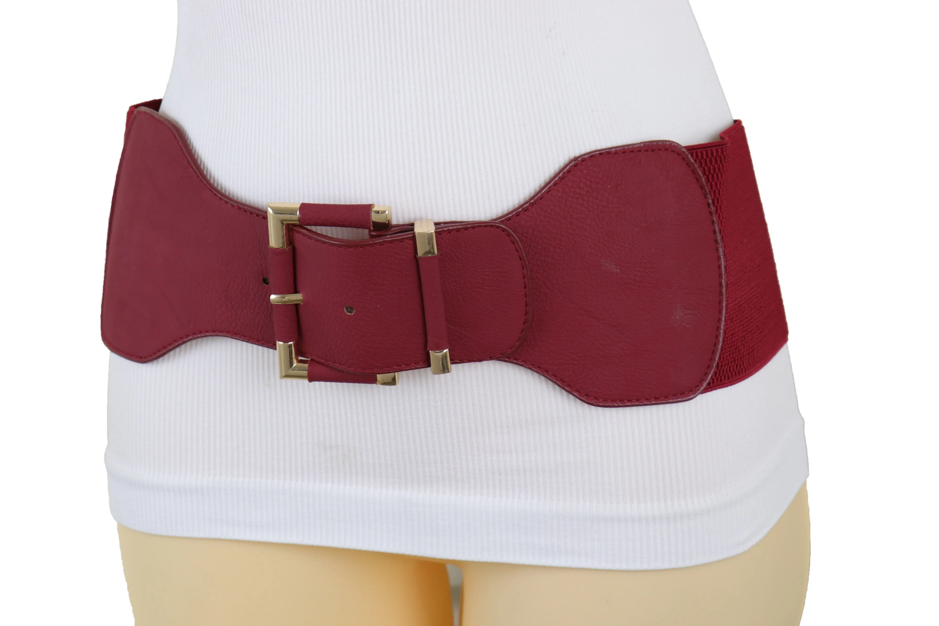 Faux Leather Elastic Waist Gold Square Buckle Belt Size S M
