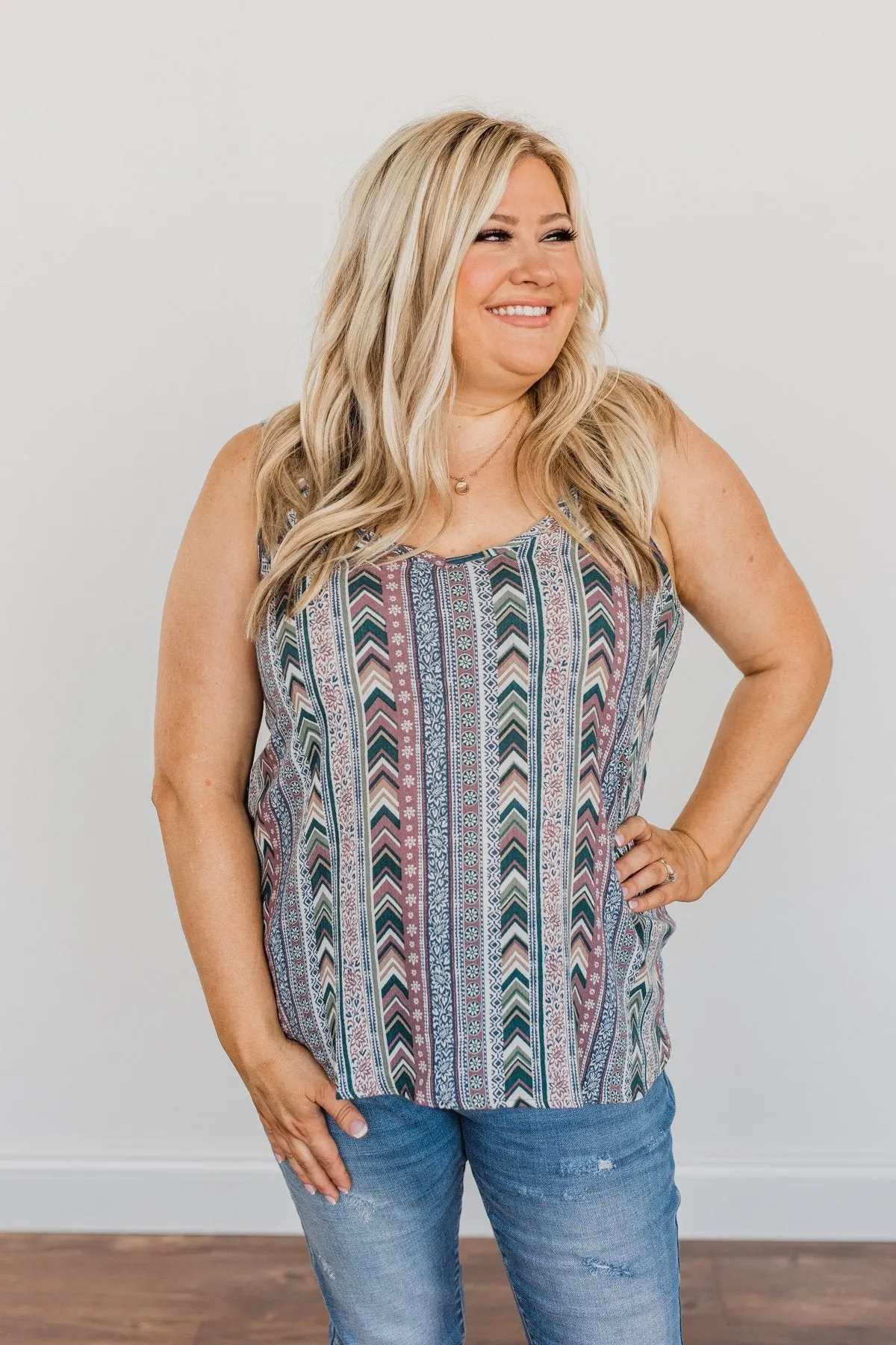 Fearlessly Authentic Printed Tank Top- Navy & Mauve Purple