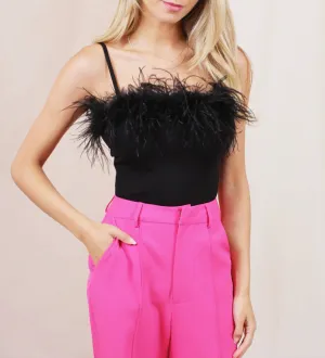 Feather Trim Spaghetti Strap Bodysuit
