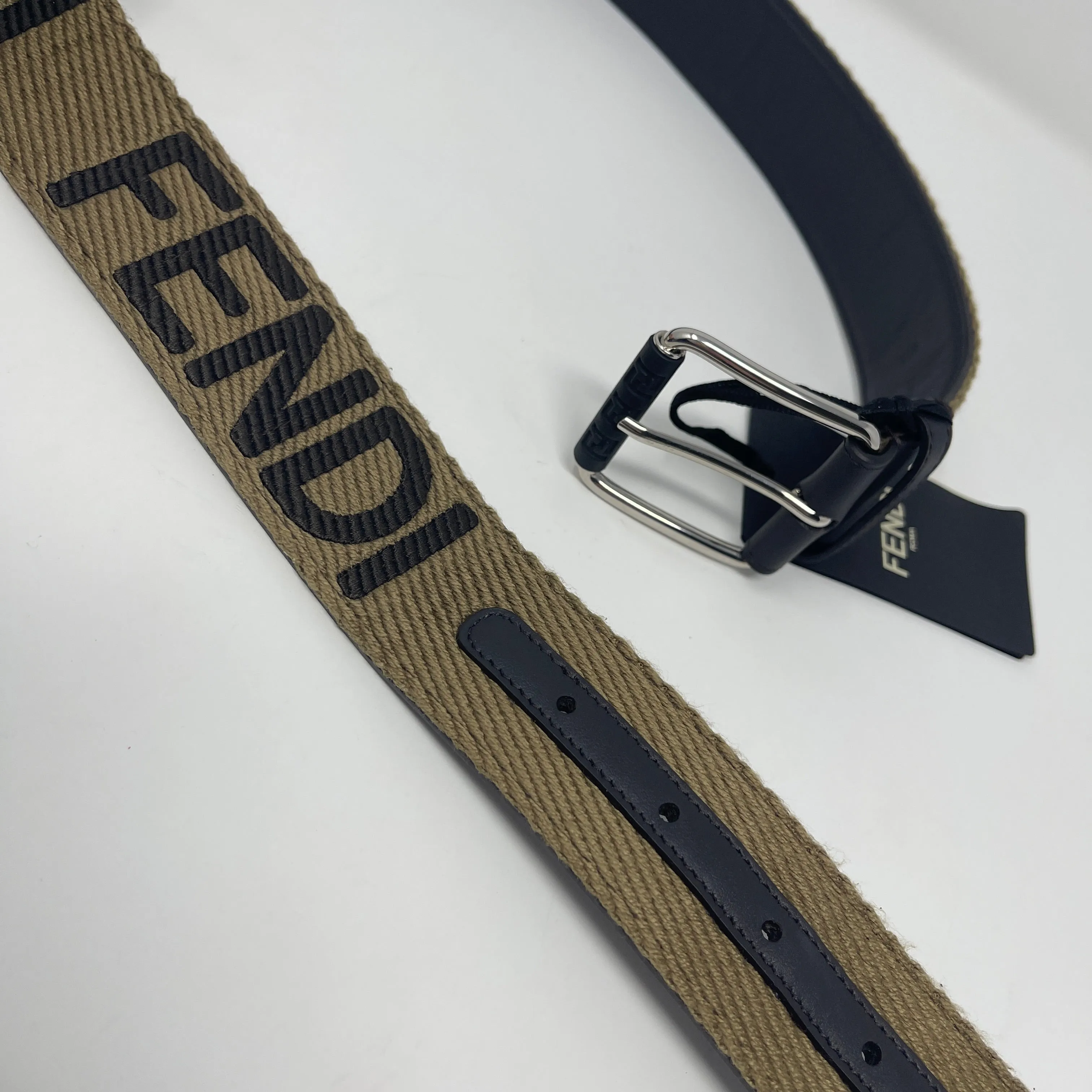 Fendi Brown Fabric Logo Silver Hardware Belt