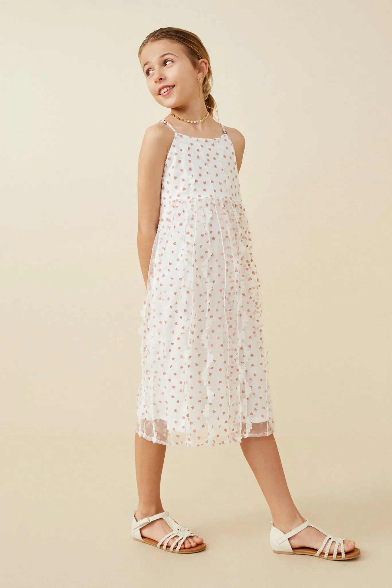 Flocked Heart Ruffle Mesh Tank Dress