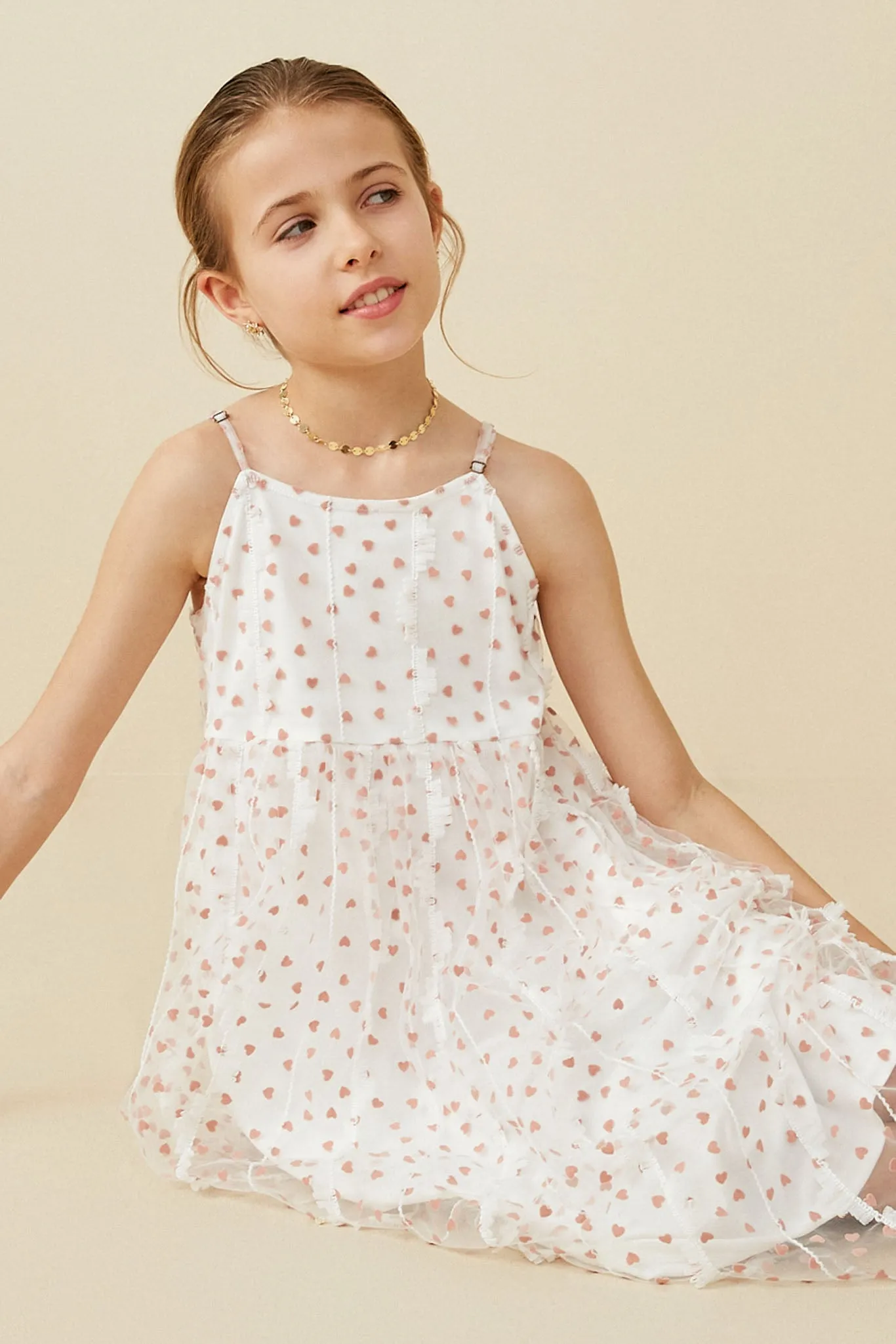 Flocked Heart Ruffle Mesh Tank Dress