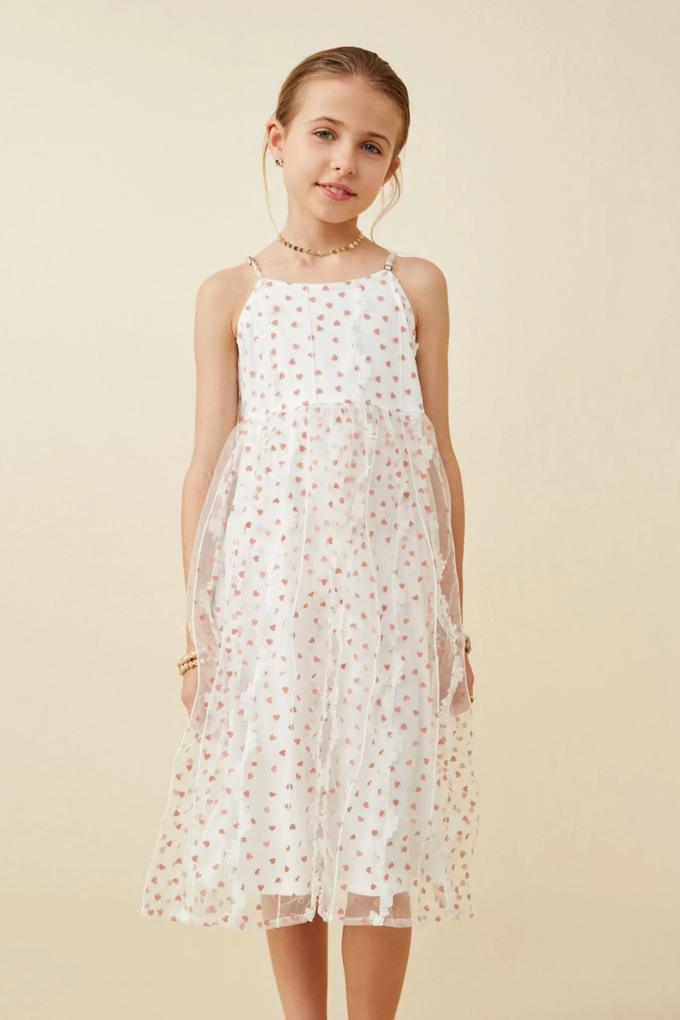 Flocked Heart Ruffle Mesh Tank Dress