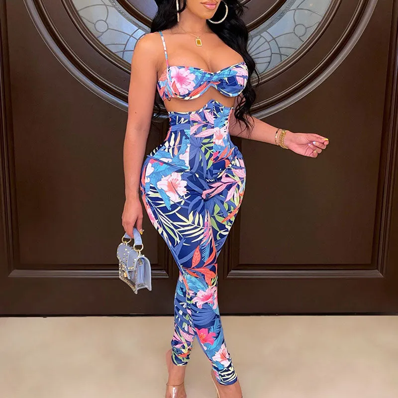 Floral Print Spaghetti Strap Tube Top & Corset Pants Set