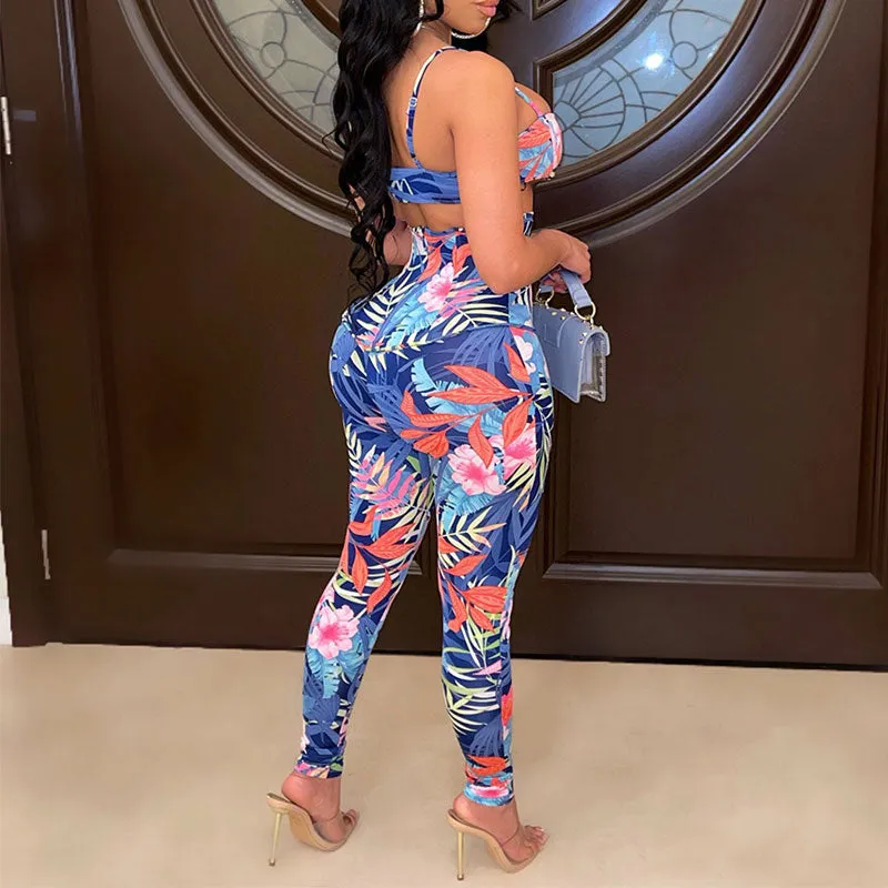 Floral Print Spaghetti Strap Tube Top & Corset Pants Set