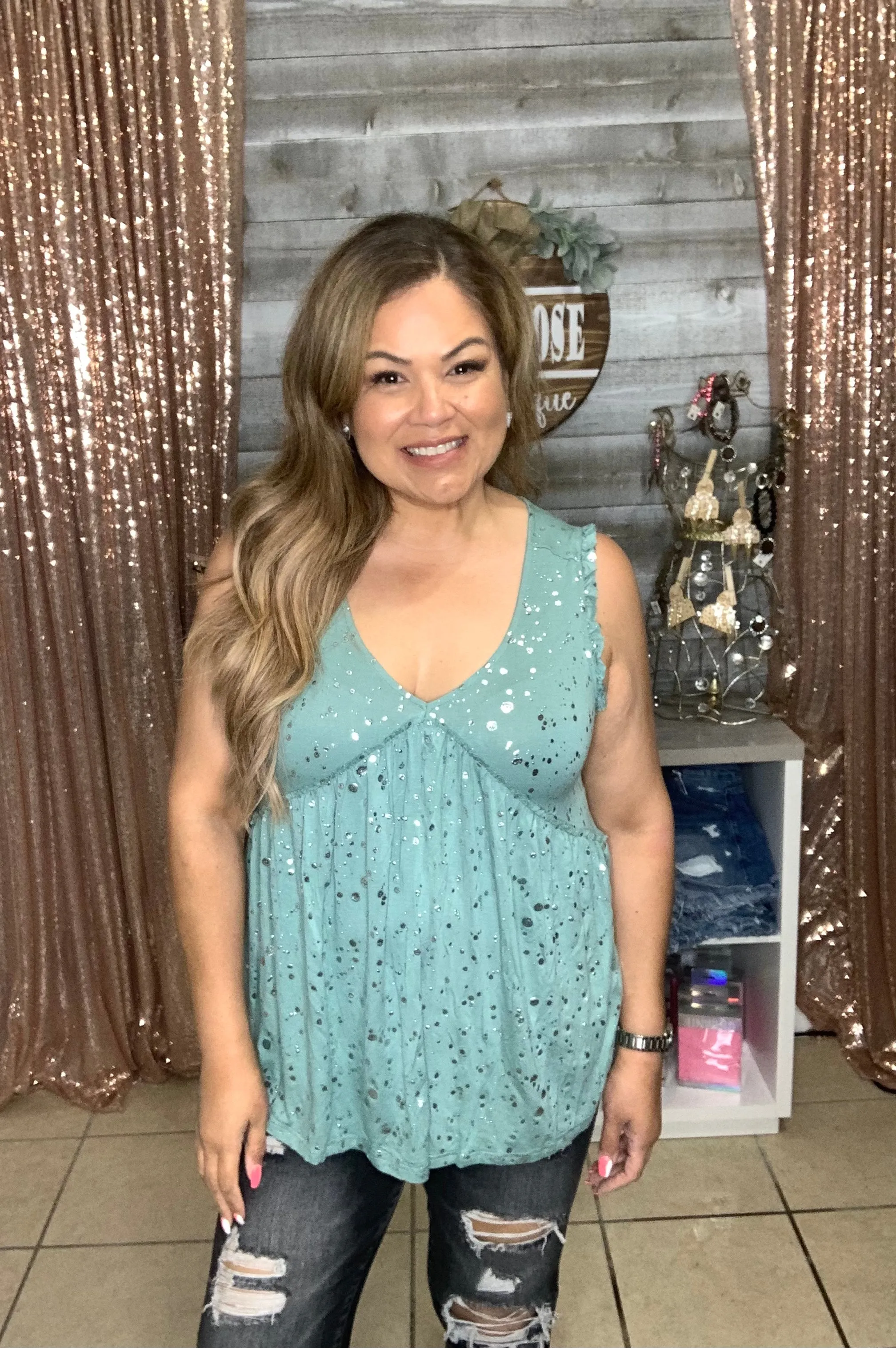 Foil printed ruffle sleeveless top