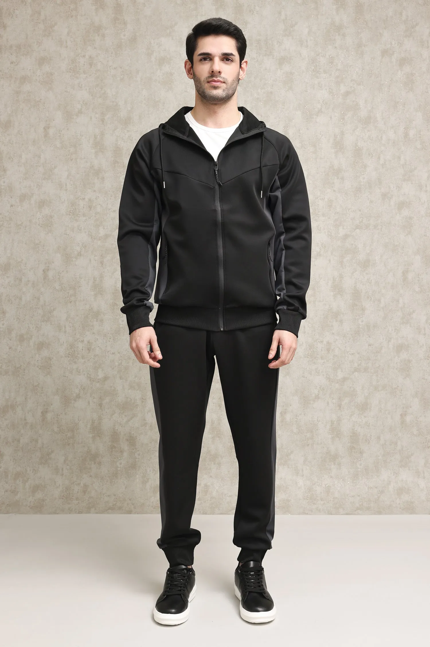 FULL-ZIP TRACKSUIT WITH CONTRAST PANEL DESIGN-BLACK-DARK-GREY